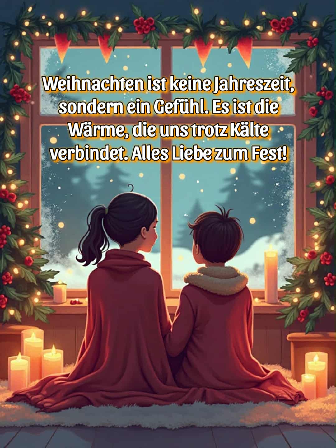 Frohe Weihnachten Bild mit Gruß: 'Weihnachten ist keine Jahreszeit, sondern ein Gefühl. Es ist die Wärme, die uns trotz Kälte verbindet. Alles Liebe zum Fest!'