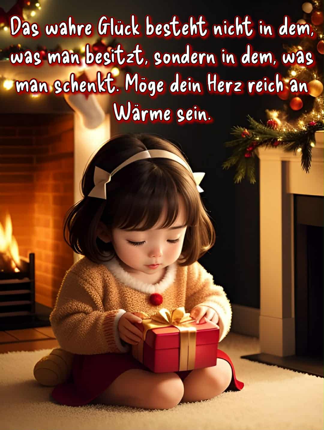 Frohe Weihnachten Bild mit Gruß: 'Das wahre Glück besteht nicht in dem, was man besitzt, sondern in dem, was man schenkt. Möge dein Herz reich an Wärme sein.'