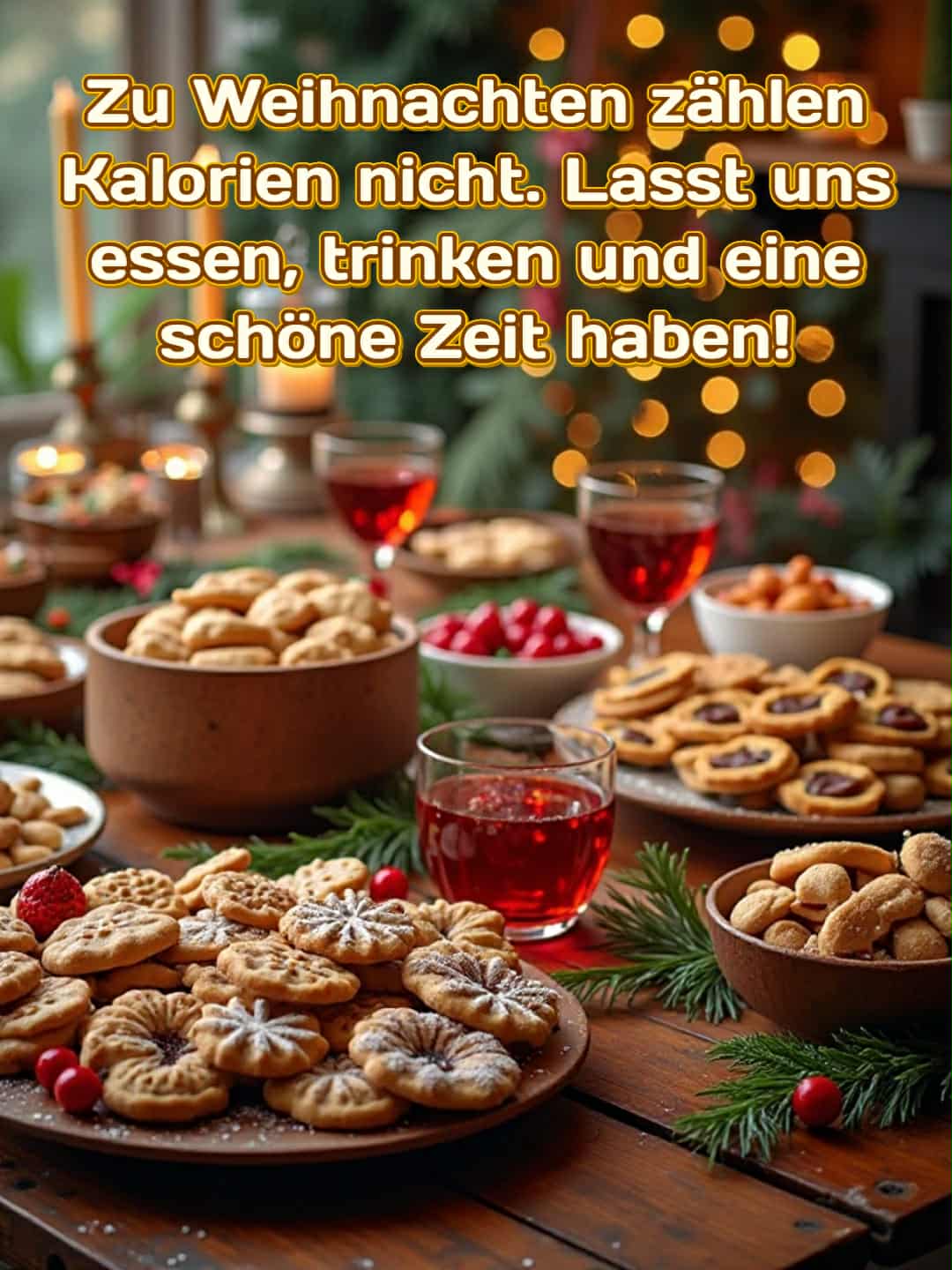 Frohe Weihnachten Bild mit Gruß: 'Zu Weihnachten zählen Kalorien nicht. Lasst uns essen, trinken und eine schöne Zeit haben!'