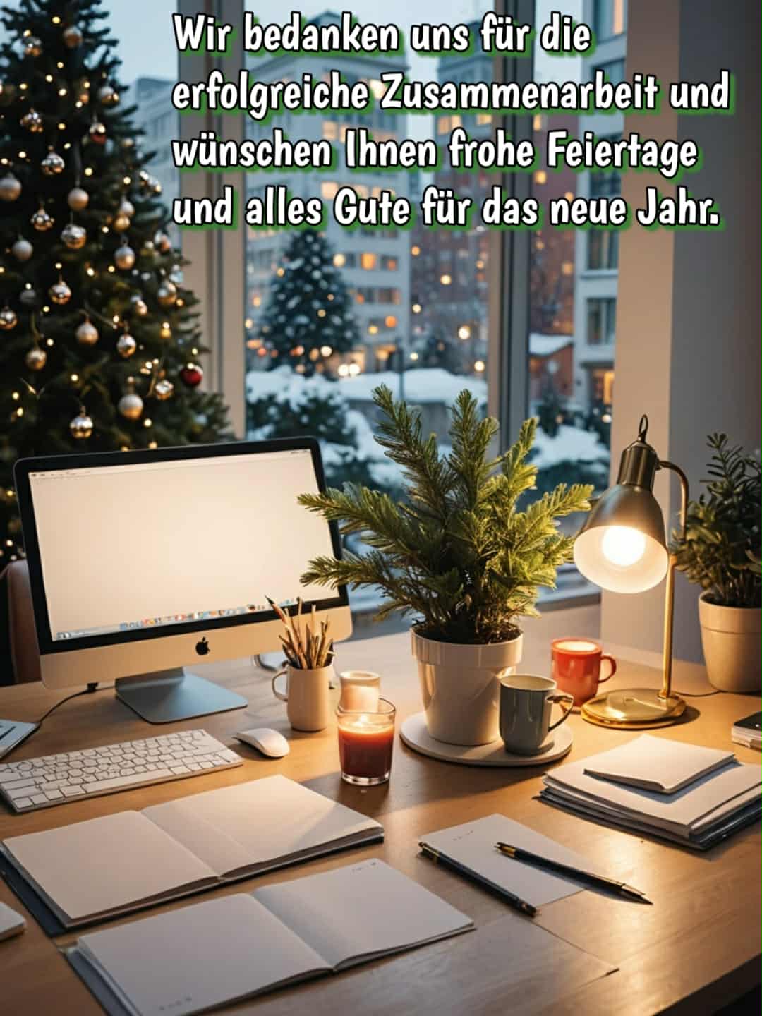 Frohe Weihnachten Bild mit Gruß: 'Wir bedanken uns für die erfolgreiche Zusammenarbeit und wünschen Ihnen frohe Feiertage und alles Gute für das neue Jahr.'