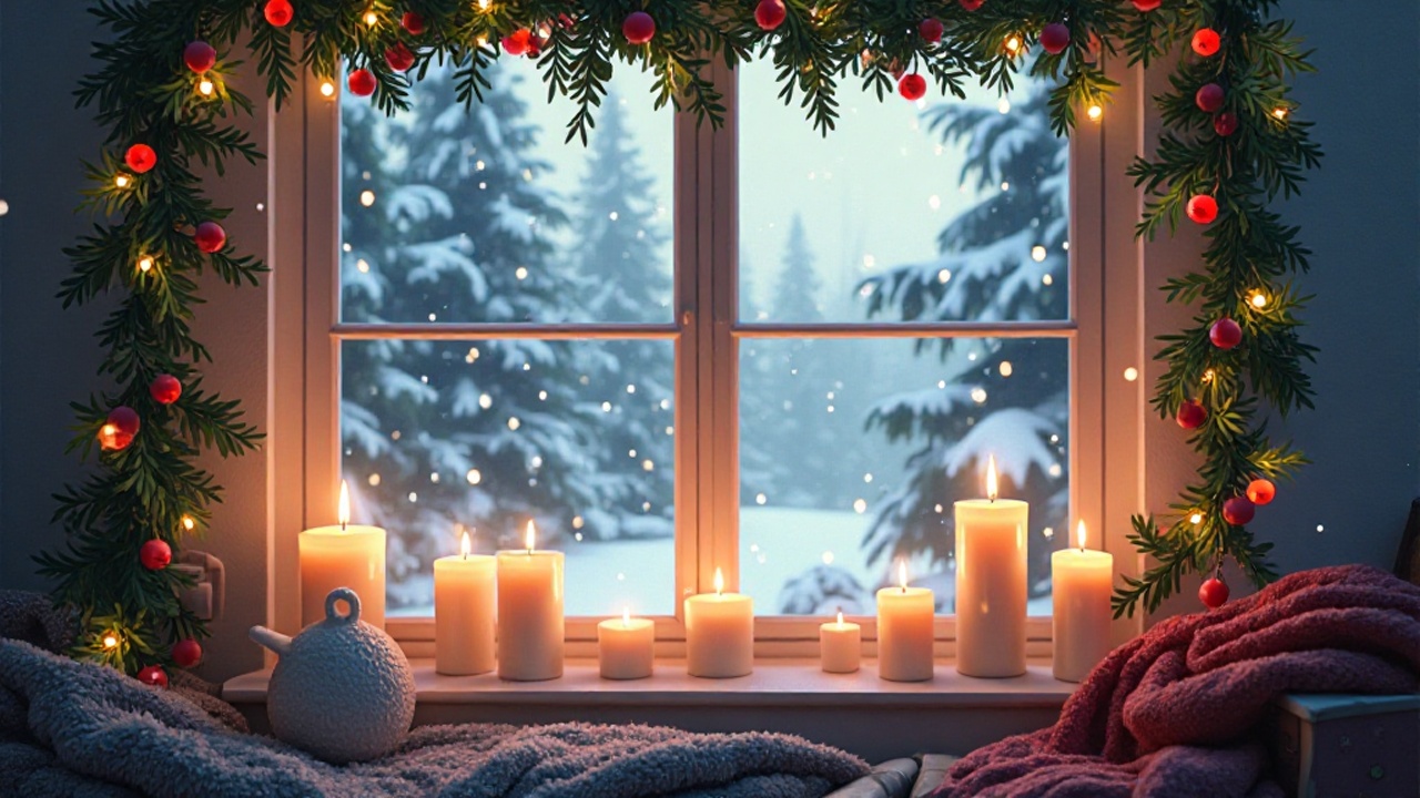 Besinnliches Fenster mit Kerzenlicht, Dekoration und sanft fallendem Schnee draußen.