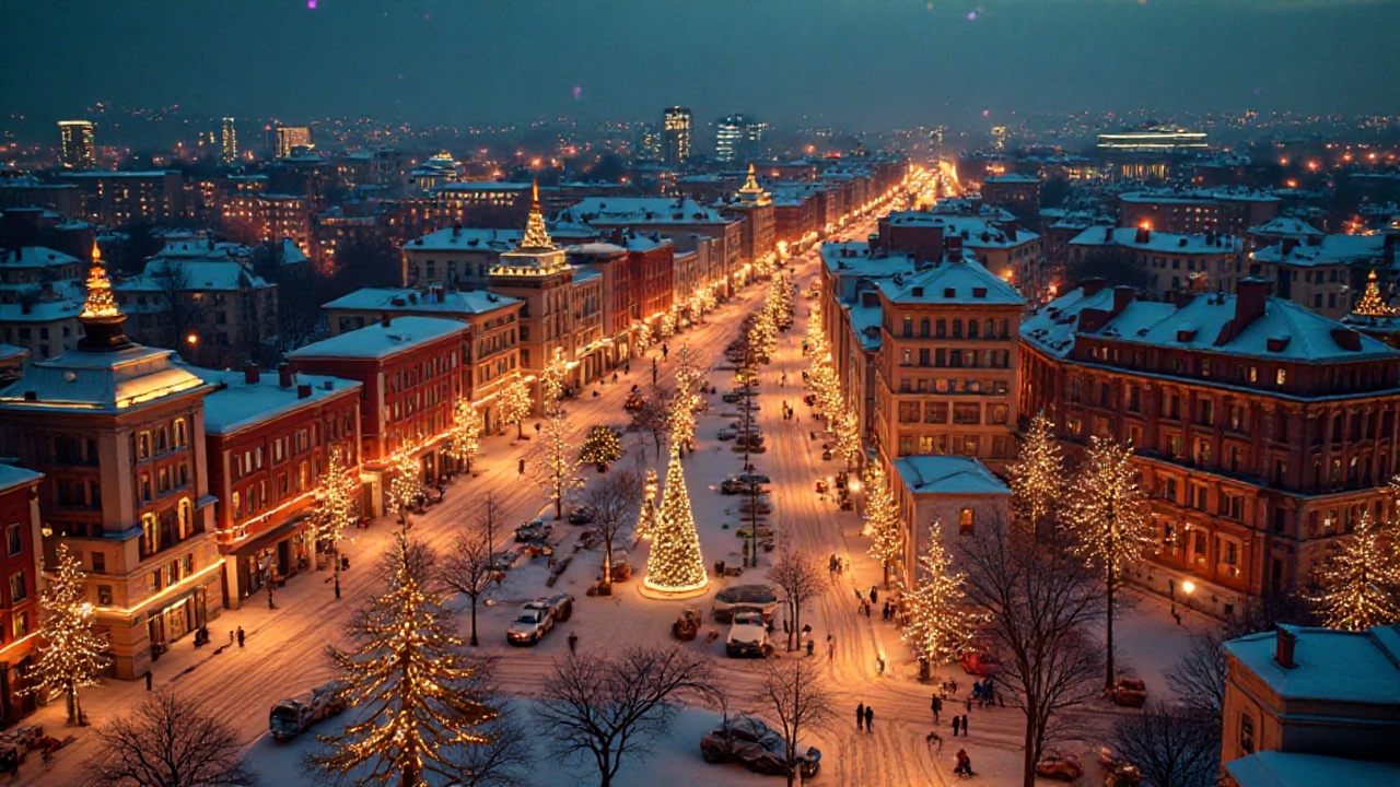Stadtansicht von oben bei Nacht, beleuchtet von warmen Weihnachts- und Lichterketten.
