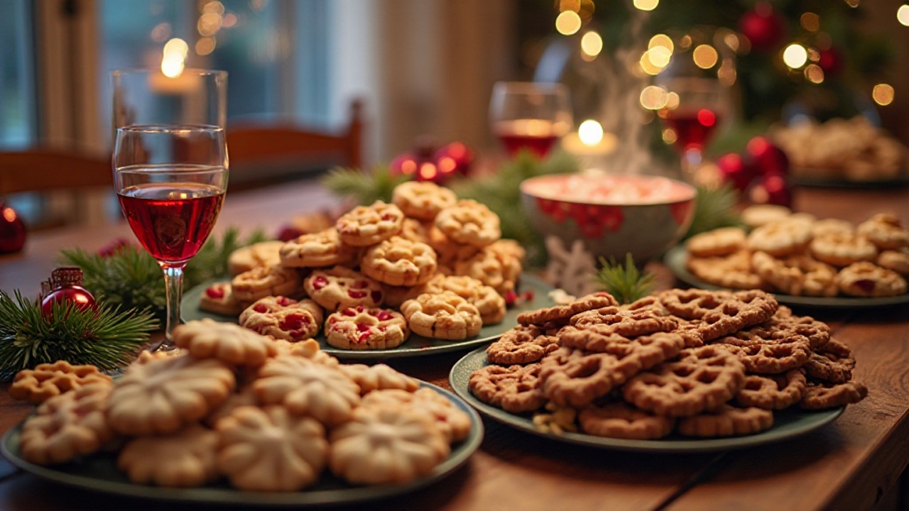 Reich gedeckter Weihnachtstisch mit Essen, Plätzchen und Punsch.