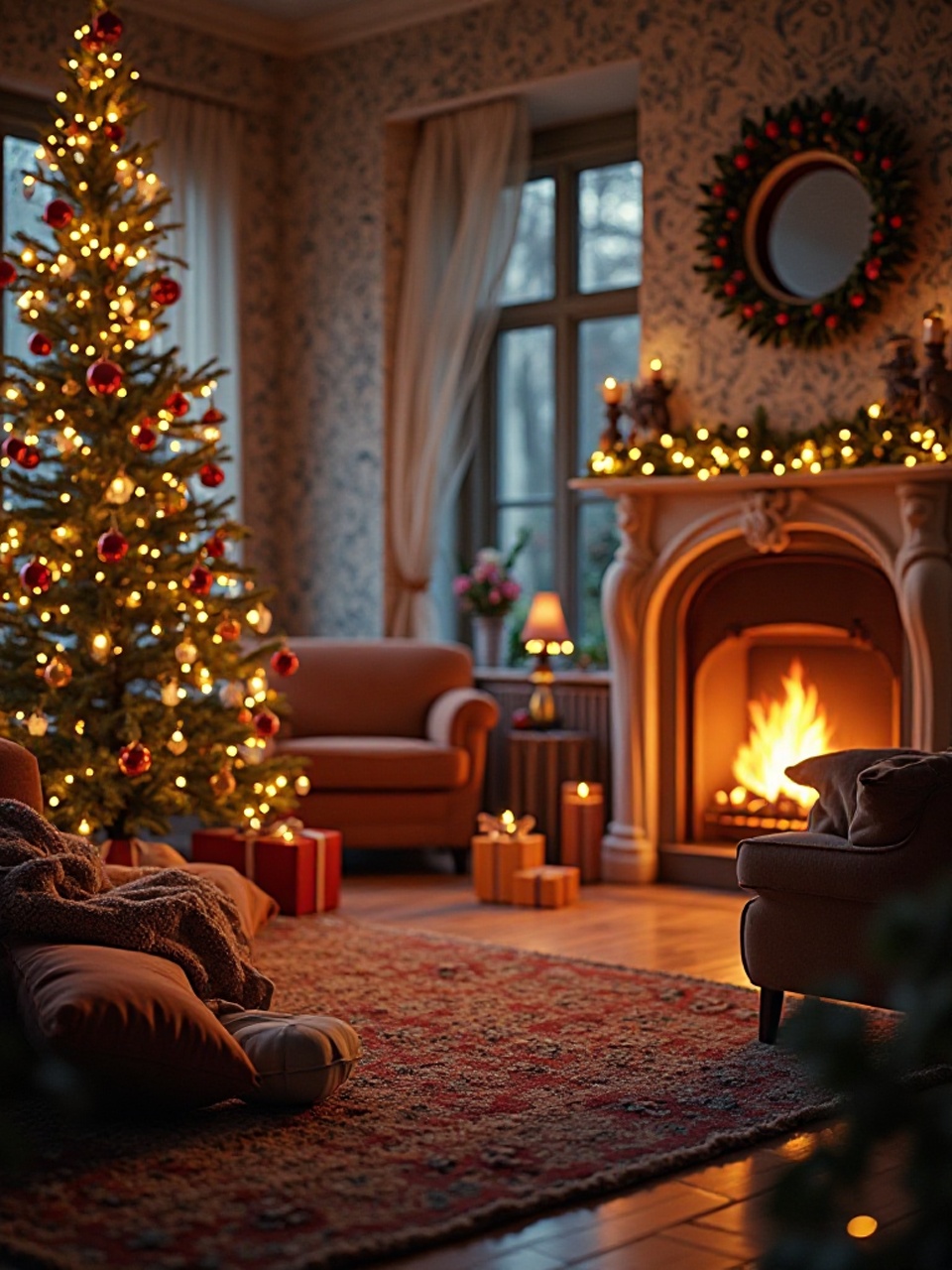 Weihnachtlich dekoriertes Wohnzimmer mit Tannenbaum, Kamin und Geschenken.