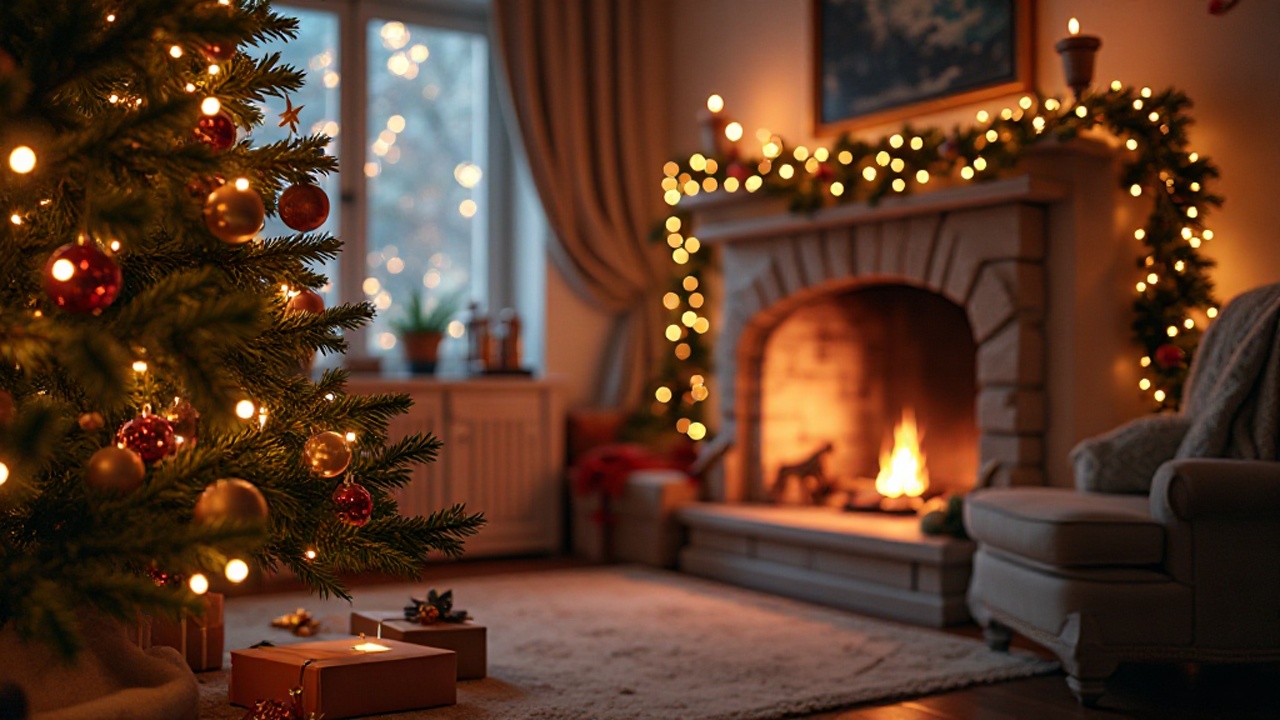 Weihnachtlich dekoriertes Wohnzimmer mit Tannenbaum, Kamin und Geschenken.