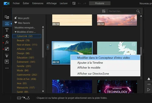 choisir et ouvrir un modele d'intro youtube avec powerdirector