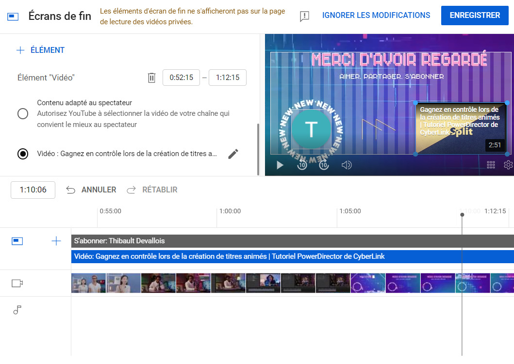 elements sur ecran de fin