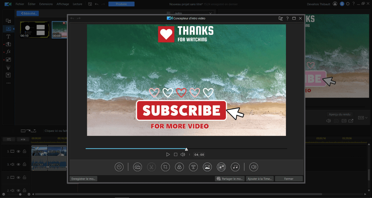 interface de powerdirector pour modeles d'outro video youtube