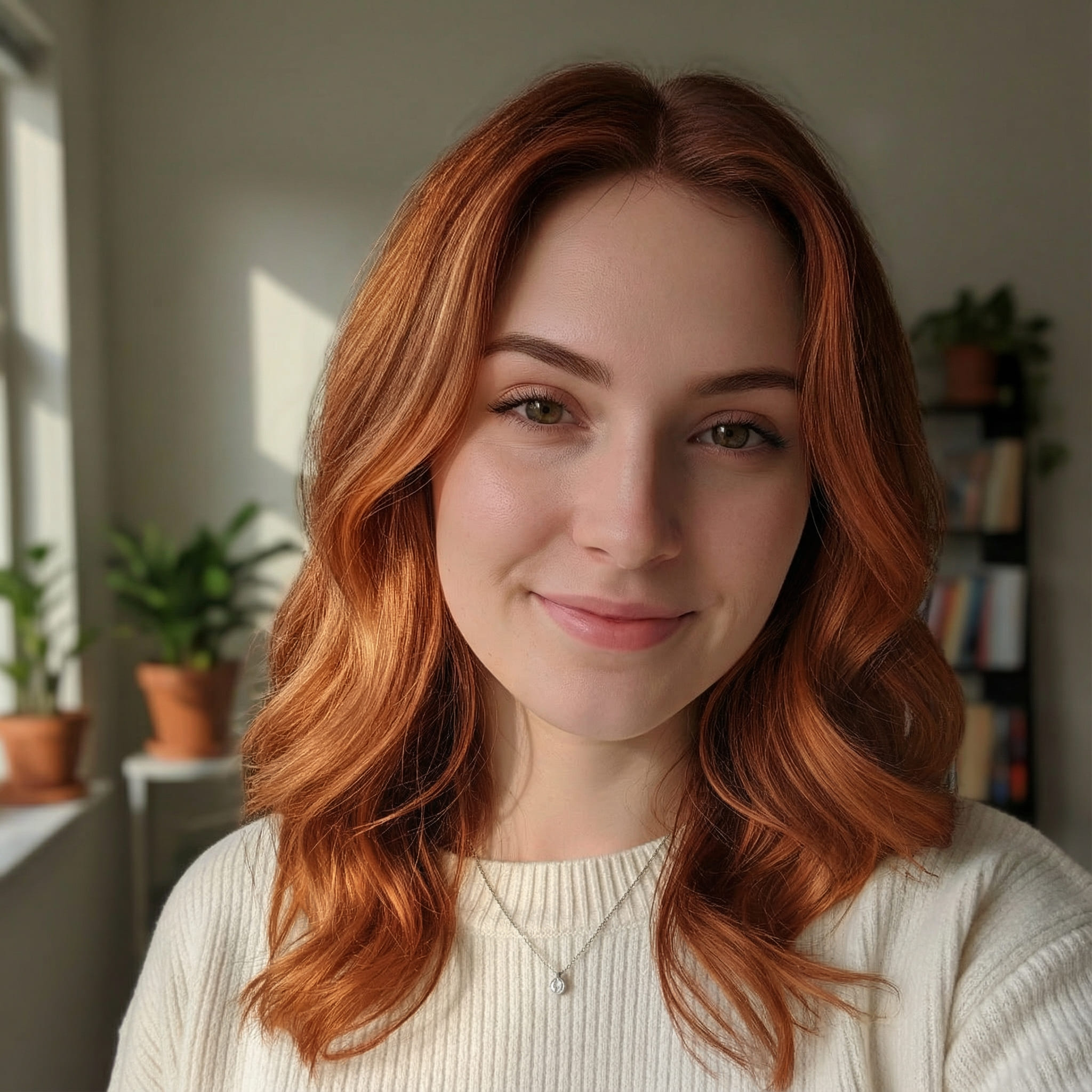 Same portrait after AI hair color change with realistic highlights