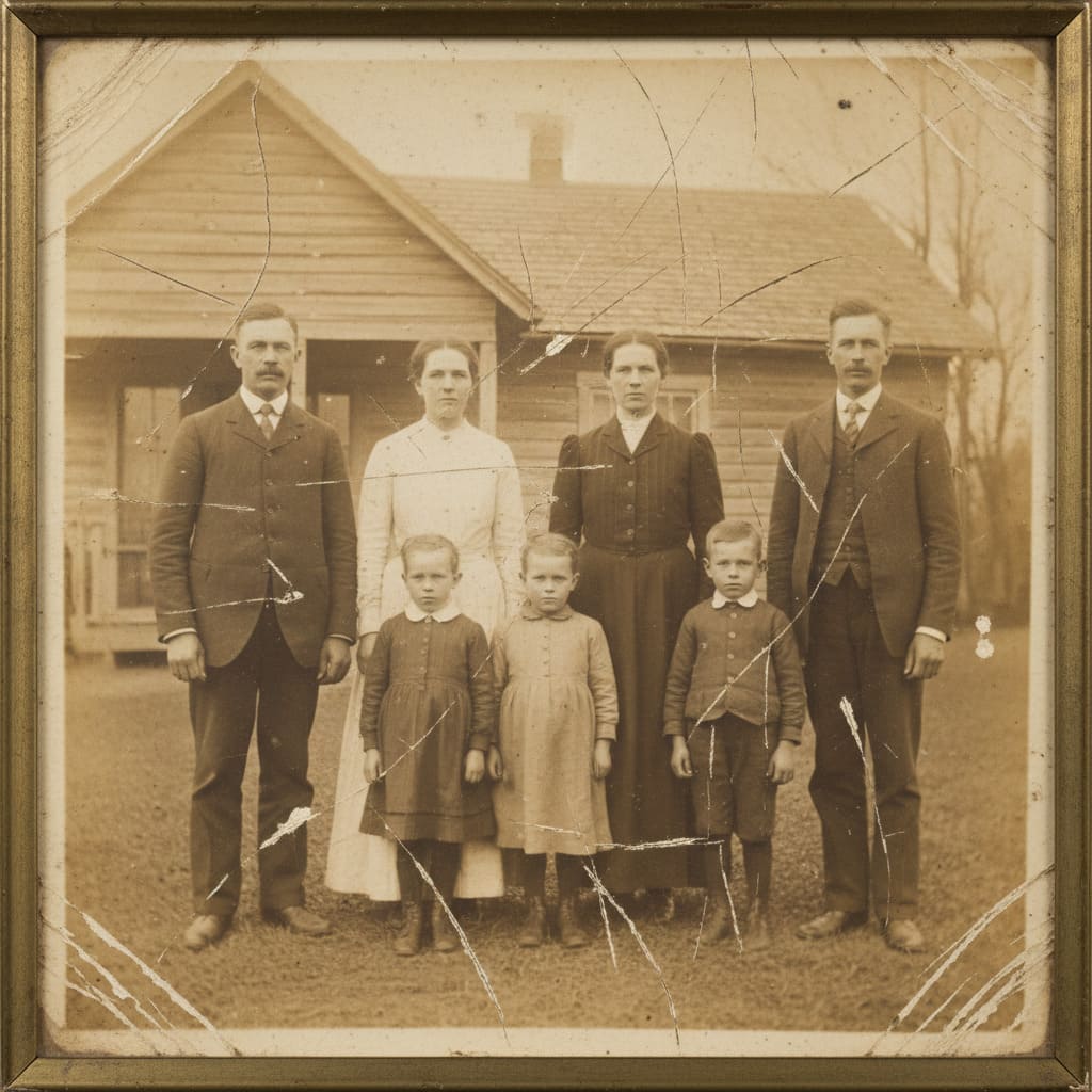 Damaged and faded old photograph before AI restoration