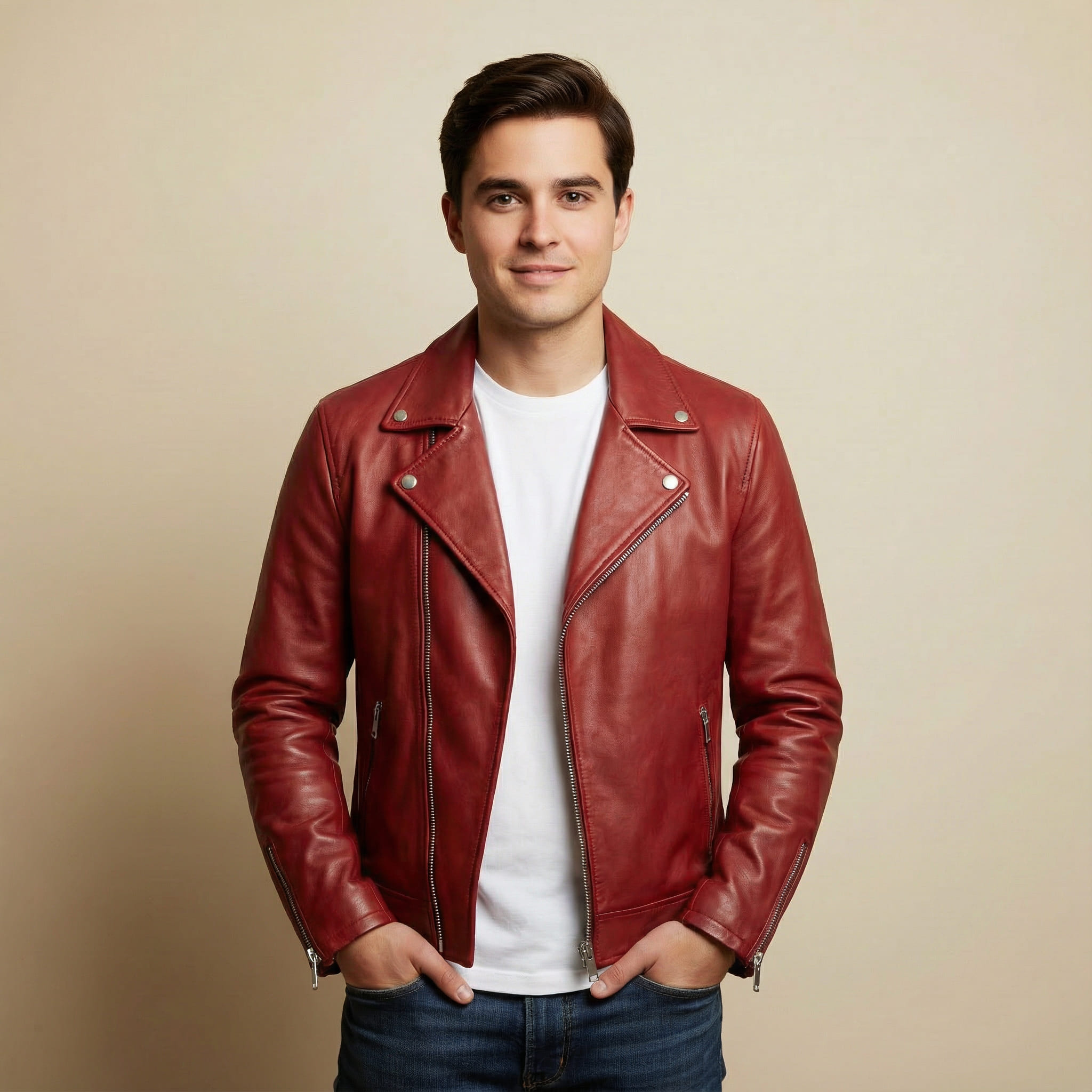 Same portrait after the jacket was replaced with a red leather one
