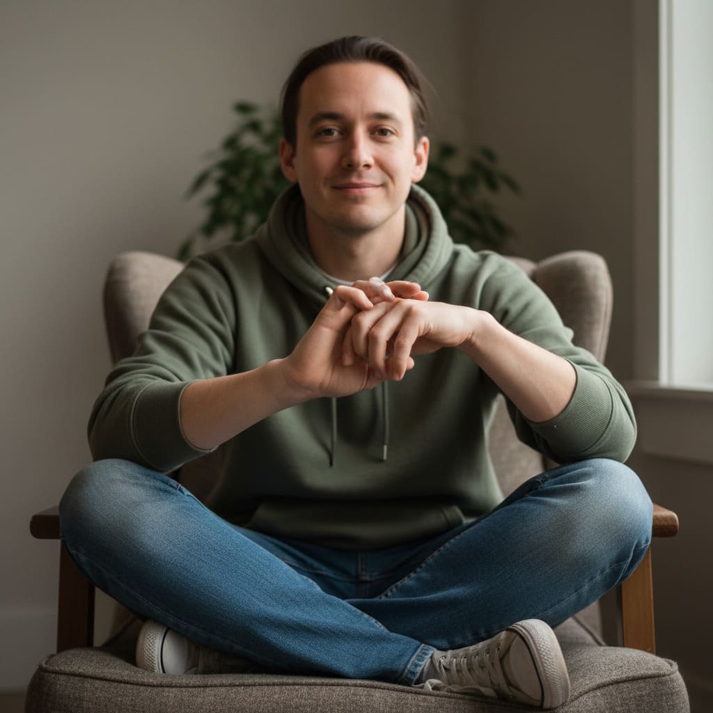 Portrait with awkward hand positions before AI correction