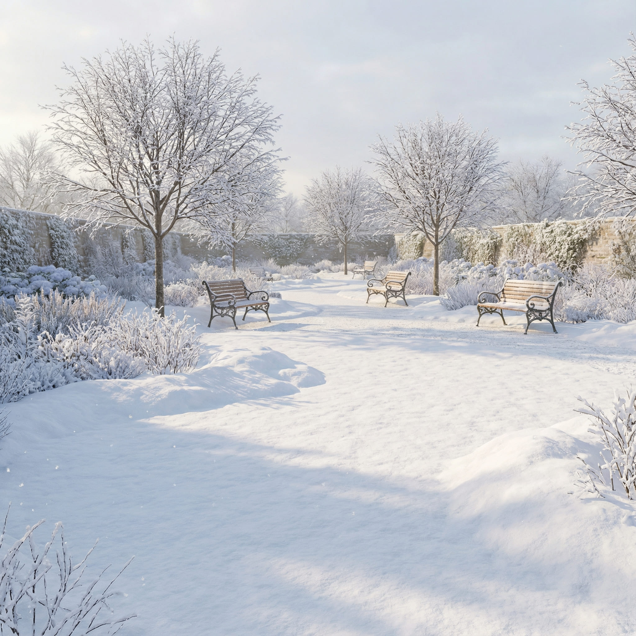 Same garden after transformation into a snowy winter scene