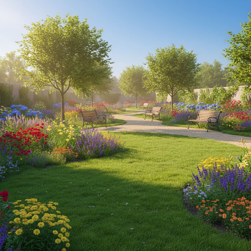 Green summer garden before AI seasonal transformation