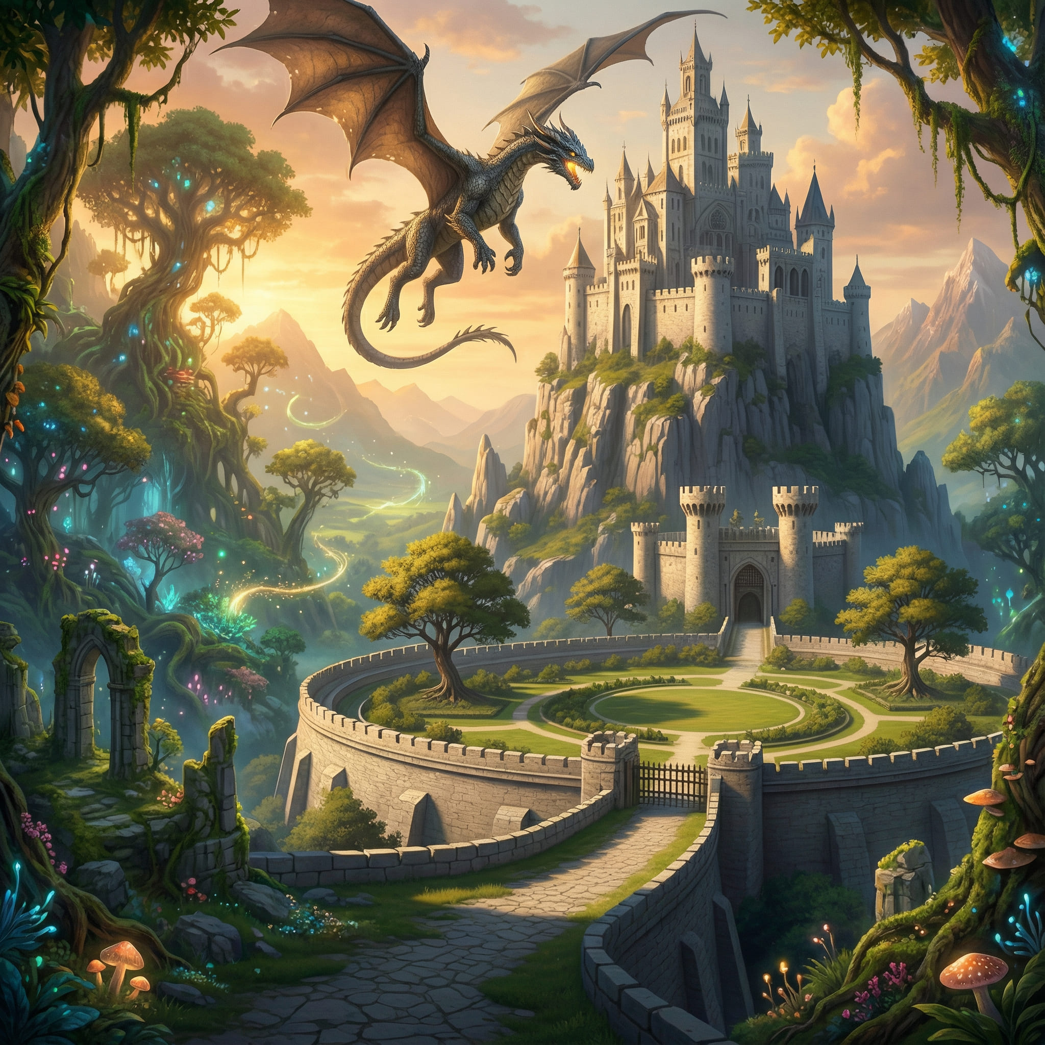 Same illustration after outpainting added a dragon and forest