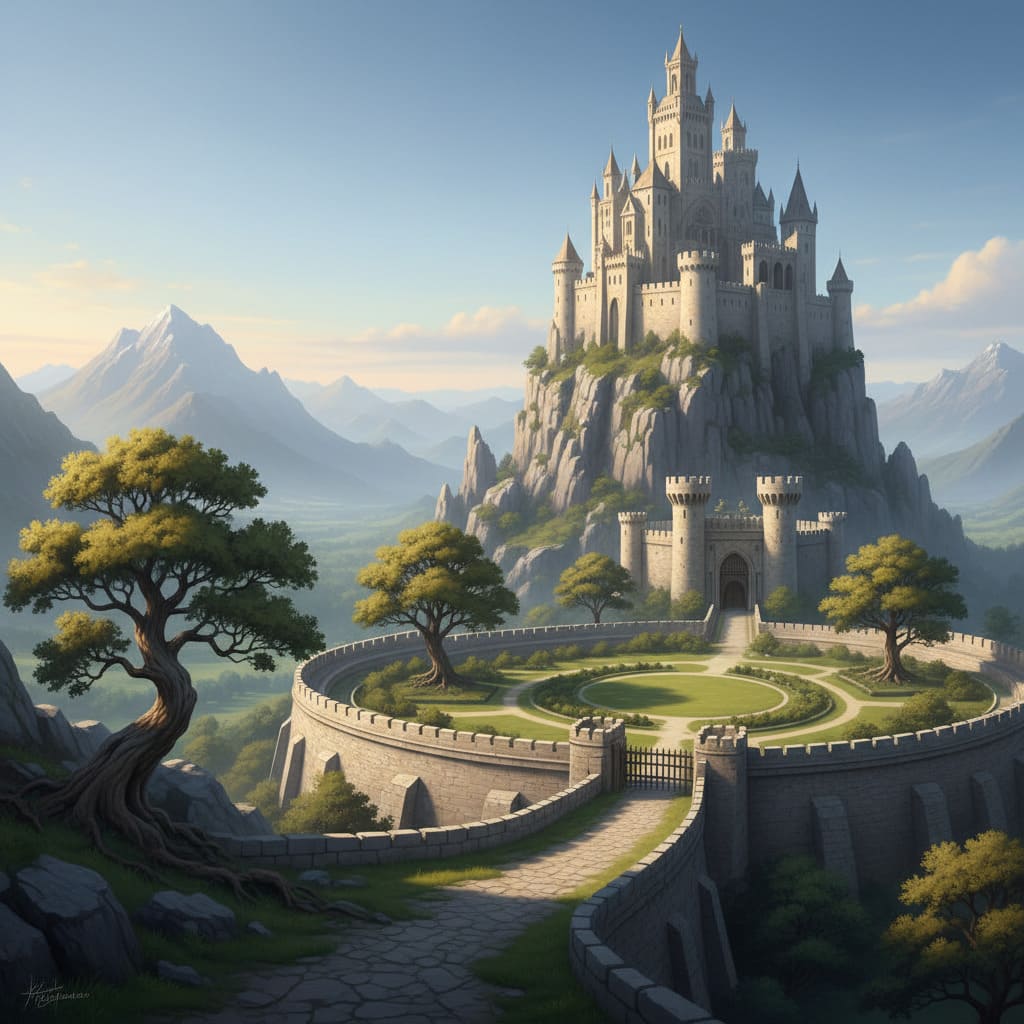 Original fantasy castle illustration before AI outpainting