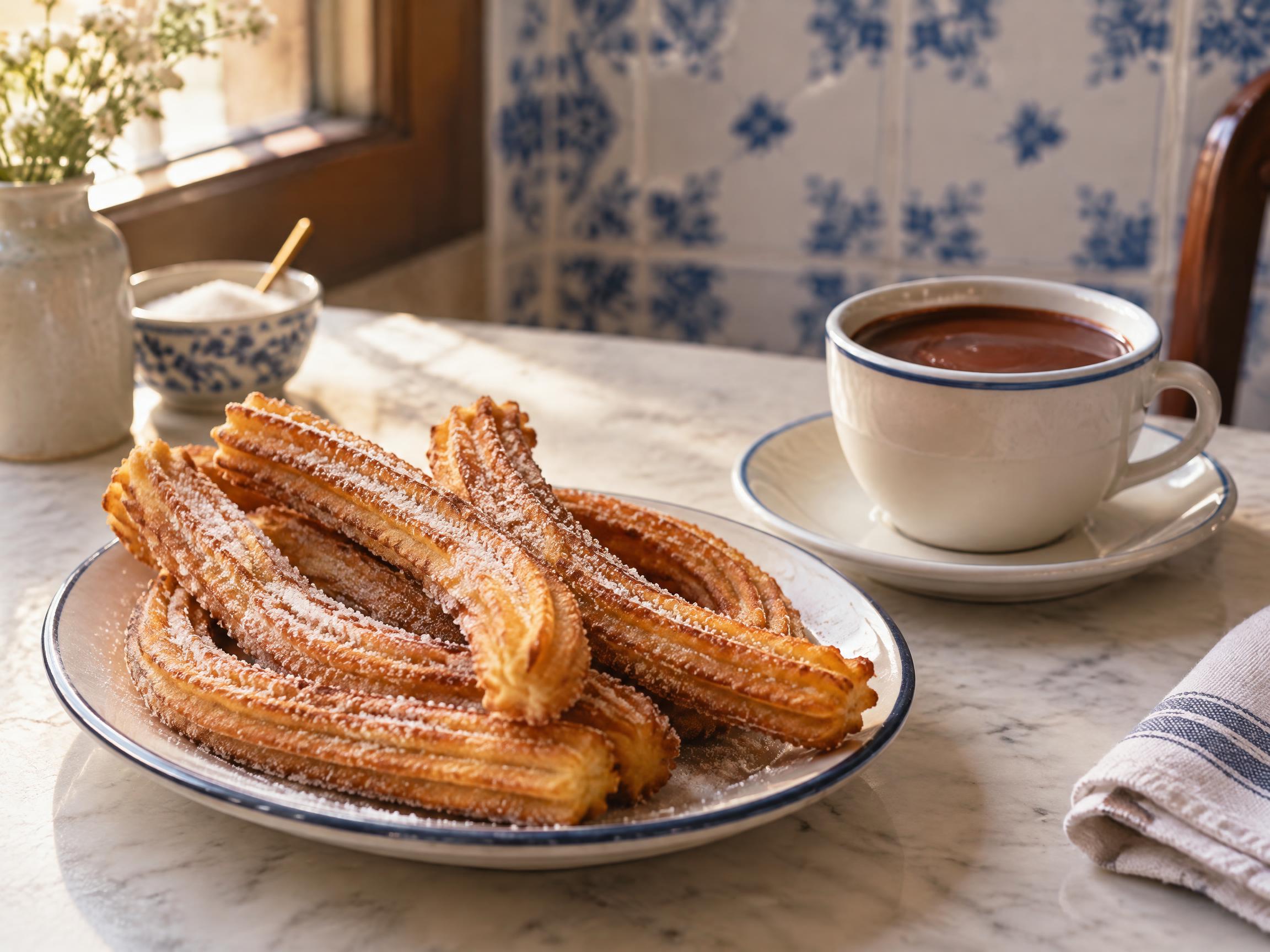 Foto original de churros con azúcar y chocolate caliente sobre mármol blanco, con azulejos azules al fondo
