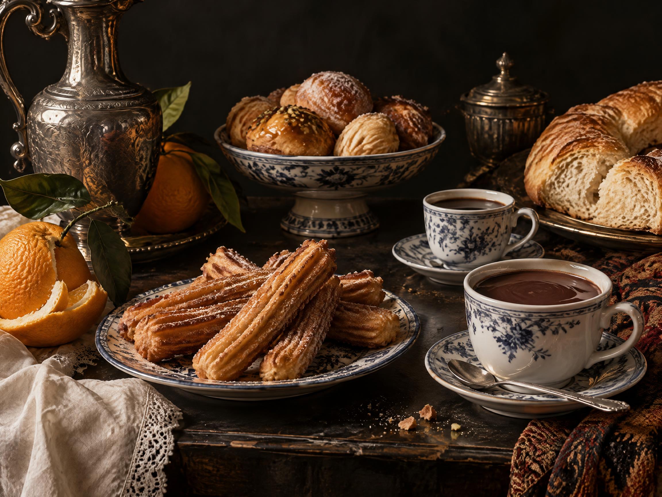 Imagen regenerada con el prompt de Prompt IA: bodegón oscuro con churros, dos tazas, jarro de plata, naranjas y pan