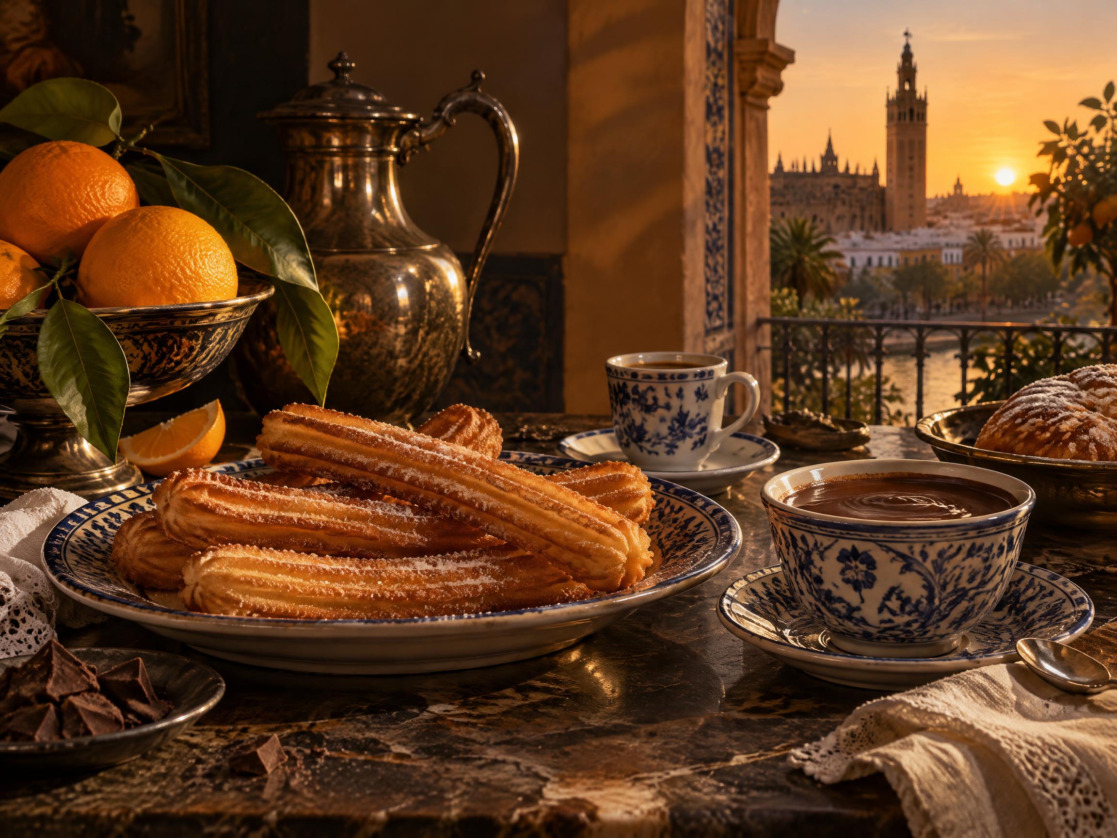 Variación con luz de atardecer: churros y chocolate junto a un balcón con vistas a Sevilla y la Giralda