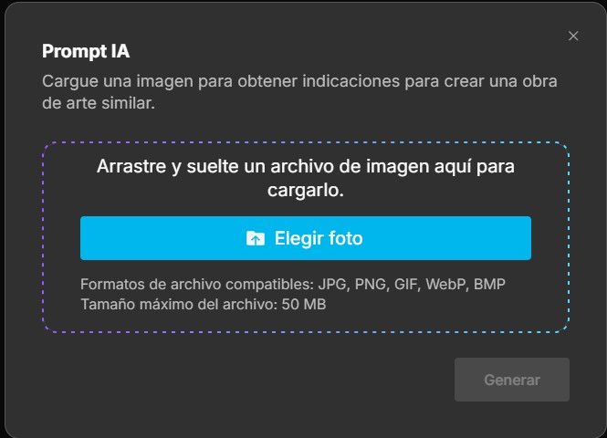 Ventana de carga de Prompt IA en MyEdit con el botón Elegir foto y los formatos compatibles