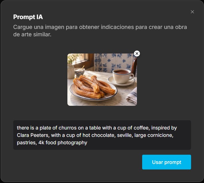 Prompt IA de MyEdit con la foto de churros cargada y el prompt en inglés que generó