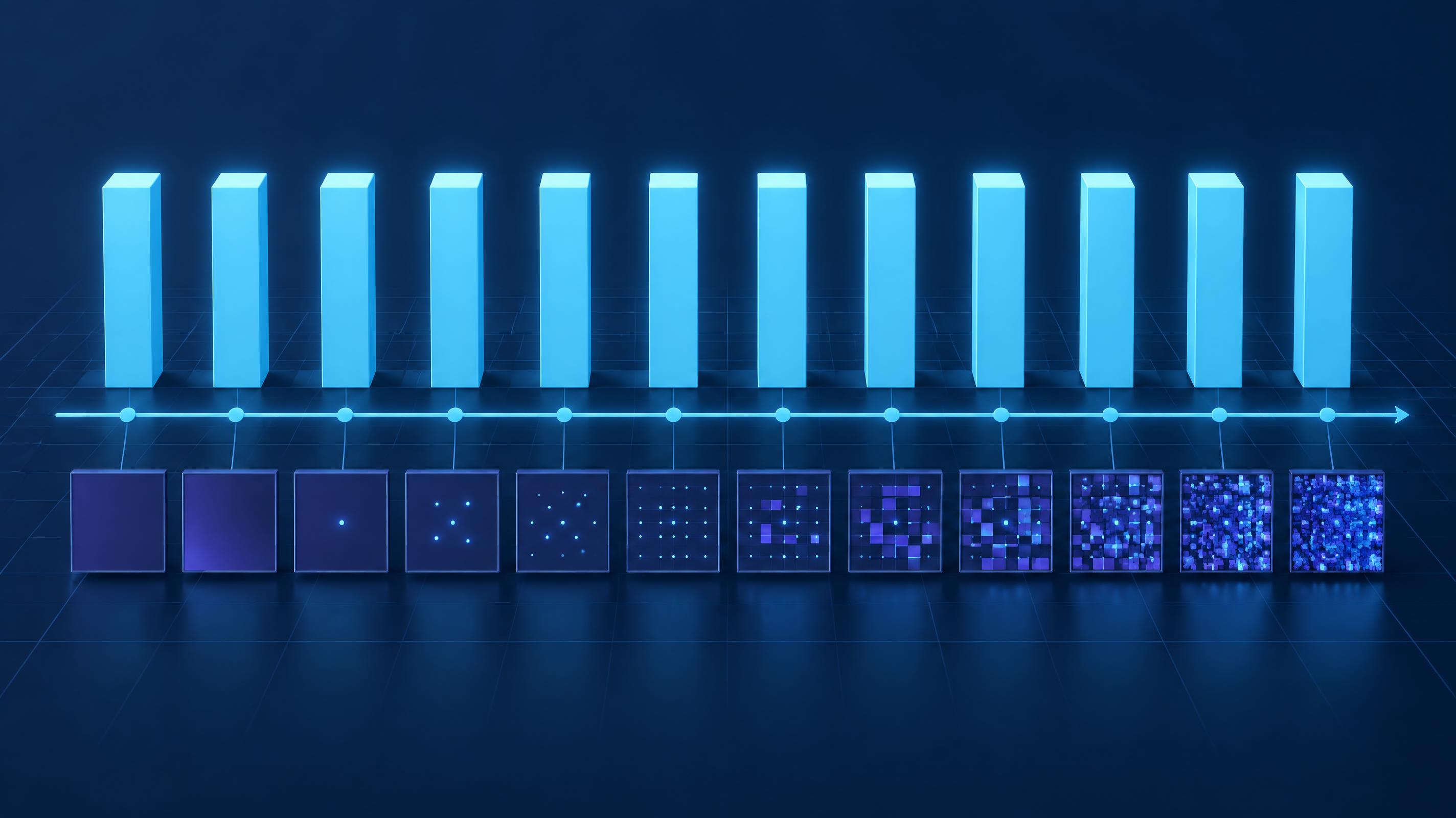 Timeline illustration showing constant bitrate as evenly sized data blocks across simple and complex video scenes