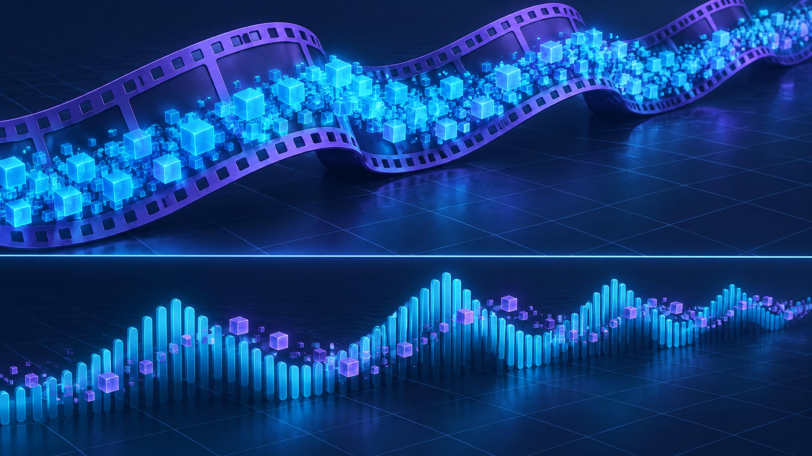Split illustration contrasting a video frame data stream with an audio waveform data stream