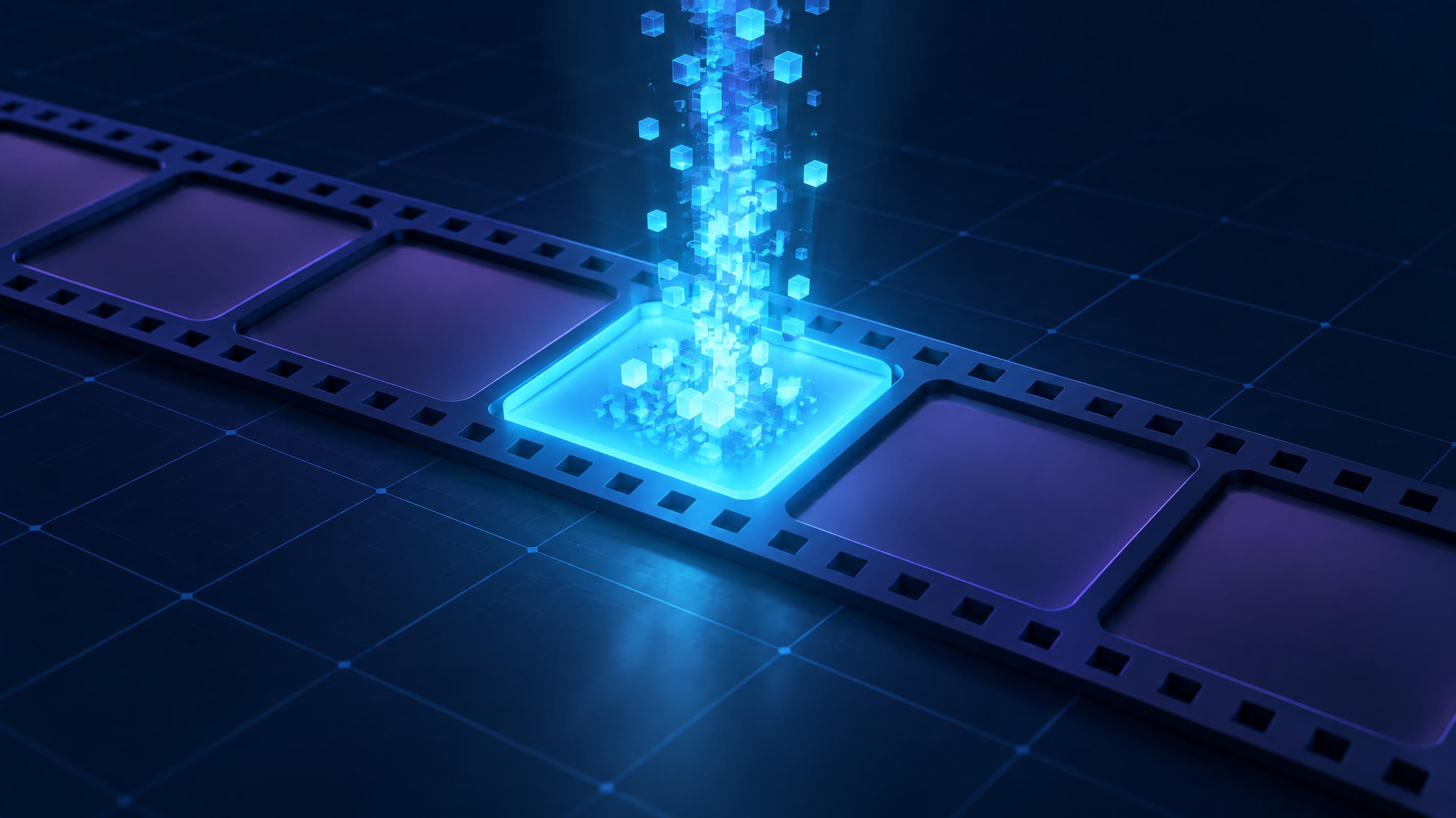 Isometric illustration of video data streaming into a single second of a film strip to show how bitrate is measured