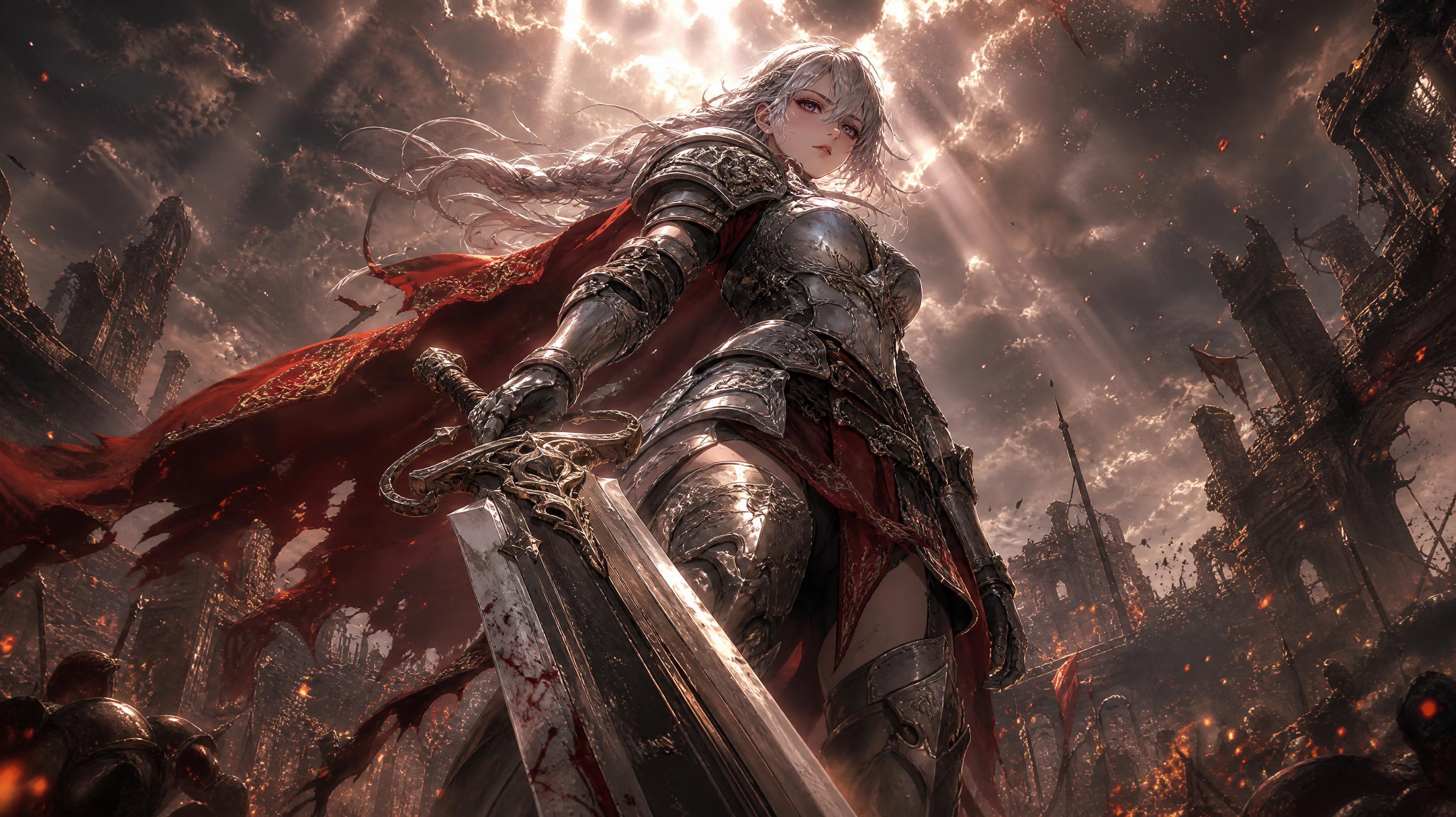 Guerrera anime de pelo blanco con armadura plateada y capa roja entre ruinas de batalla y ceniza cayendo