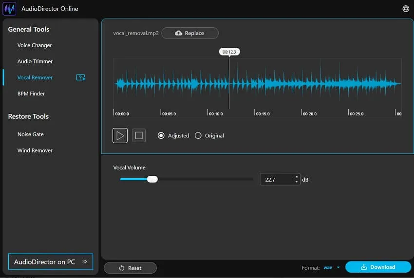 AudioDirector Interface - Upload your audio file you want to remove vocals from
