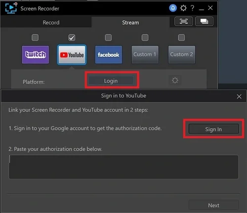Stream - log in to your YouTube account