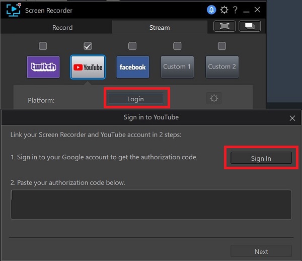 Stream - log in to your YouTube account