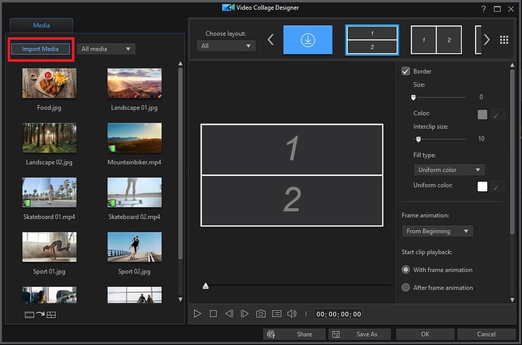 PowerDirector - Collage Designer, Import Media