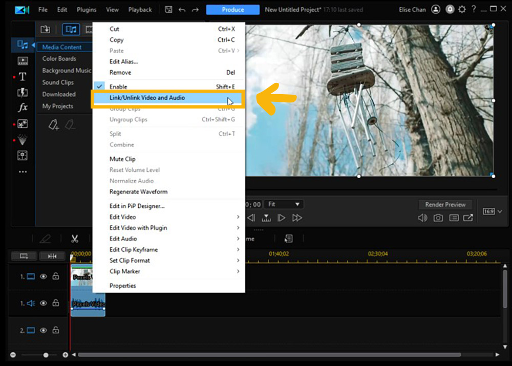 PowerDirector Interface - Unlink Audio and Video