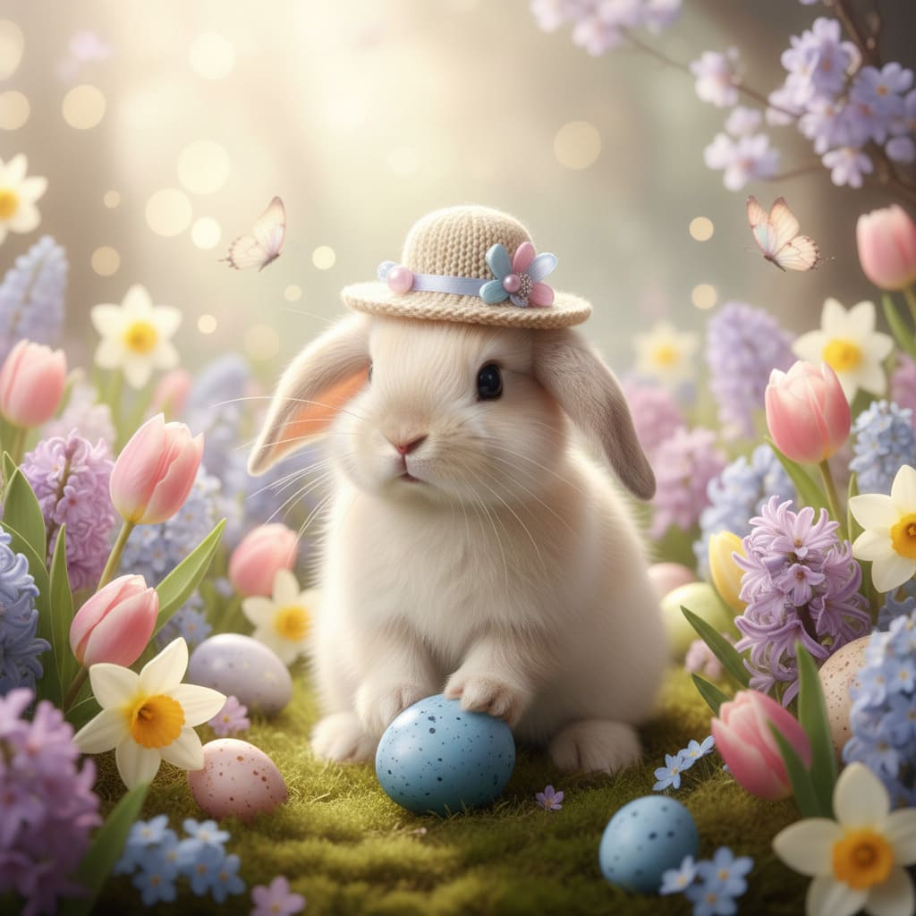 Petit lapin avec chapeau de Pâques - image IA