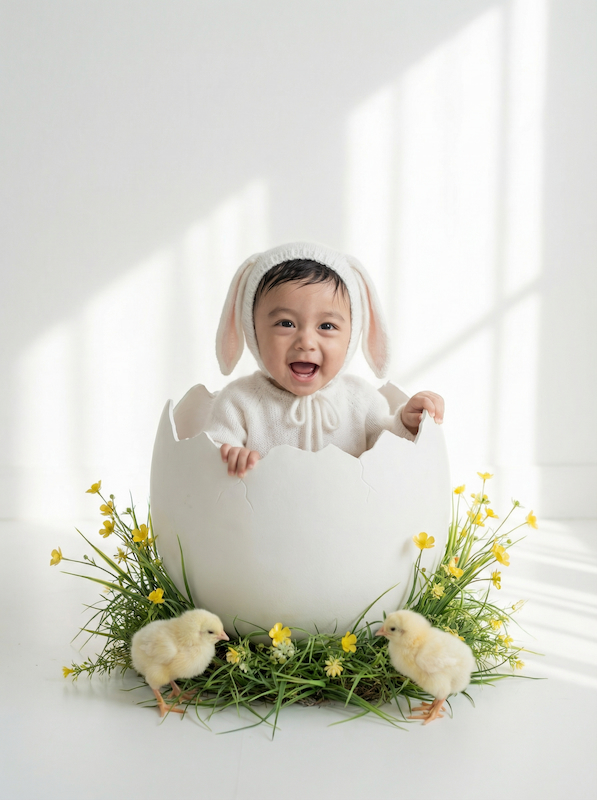 Baby in Easter bunny outfit sitting in the egg shell