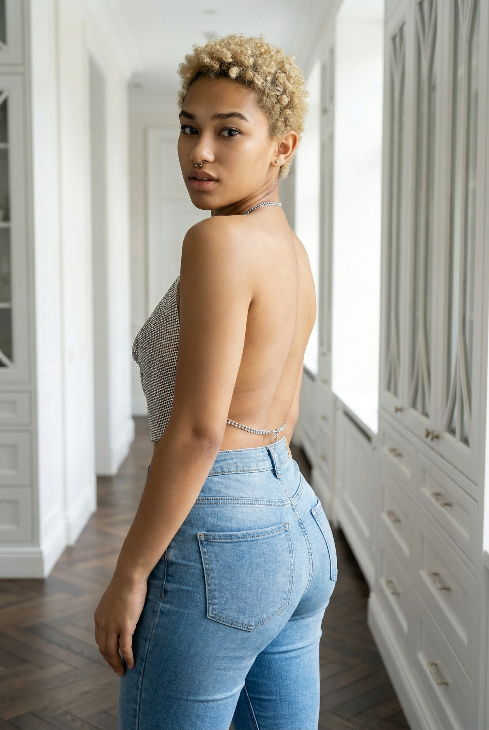 Luxury influencer style back-view portrait