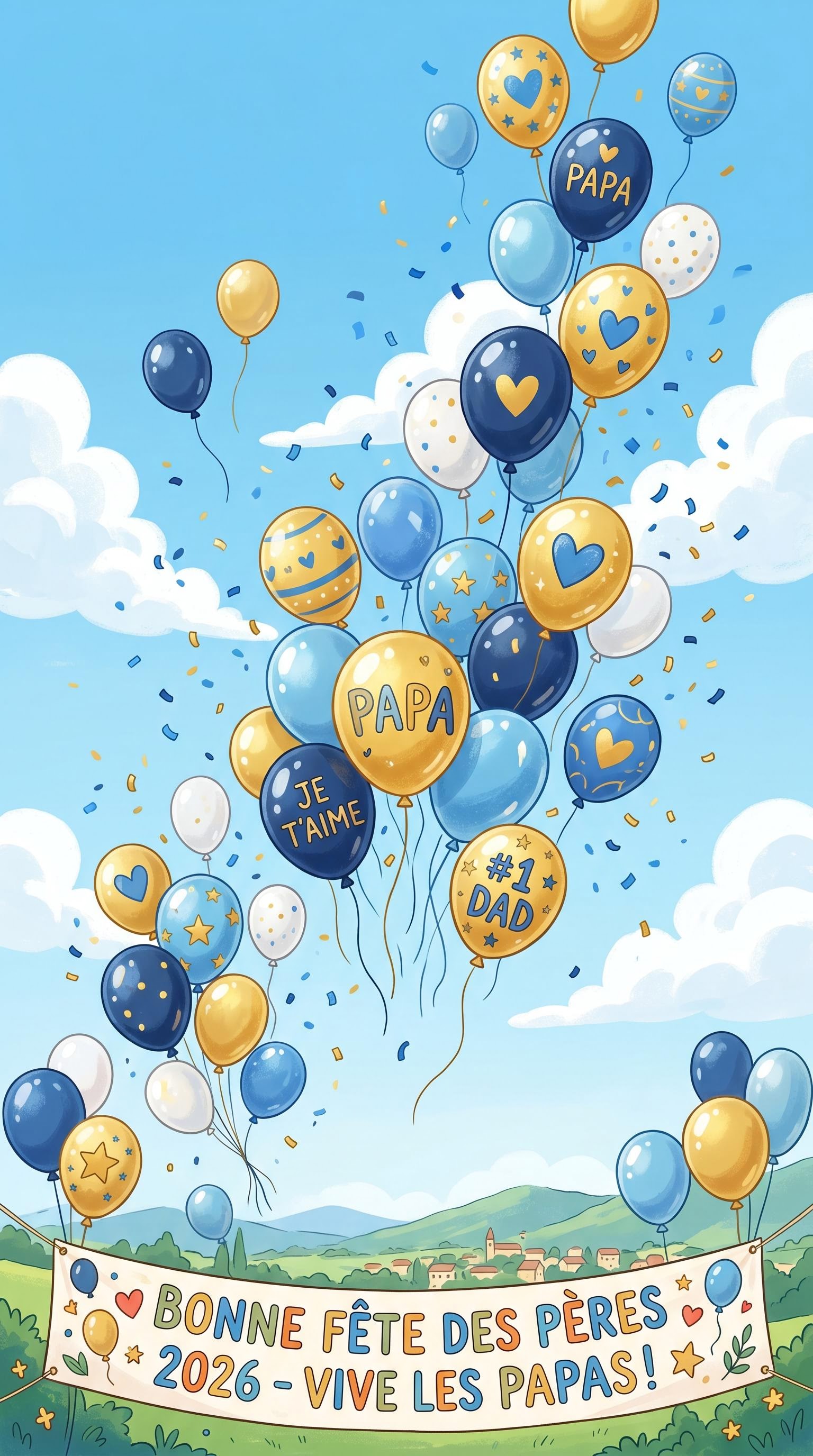 Ballons bleus et or pour la fête des pères à animer, généré par IA