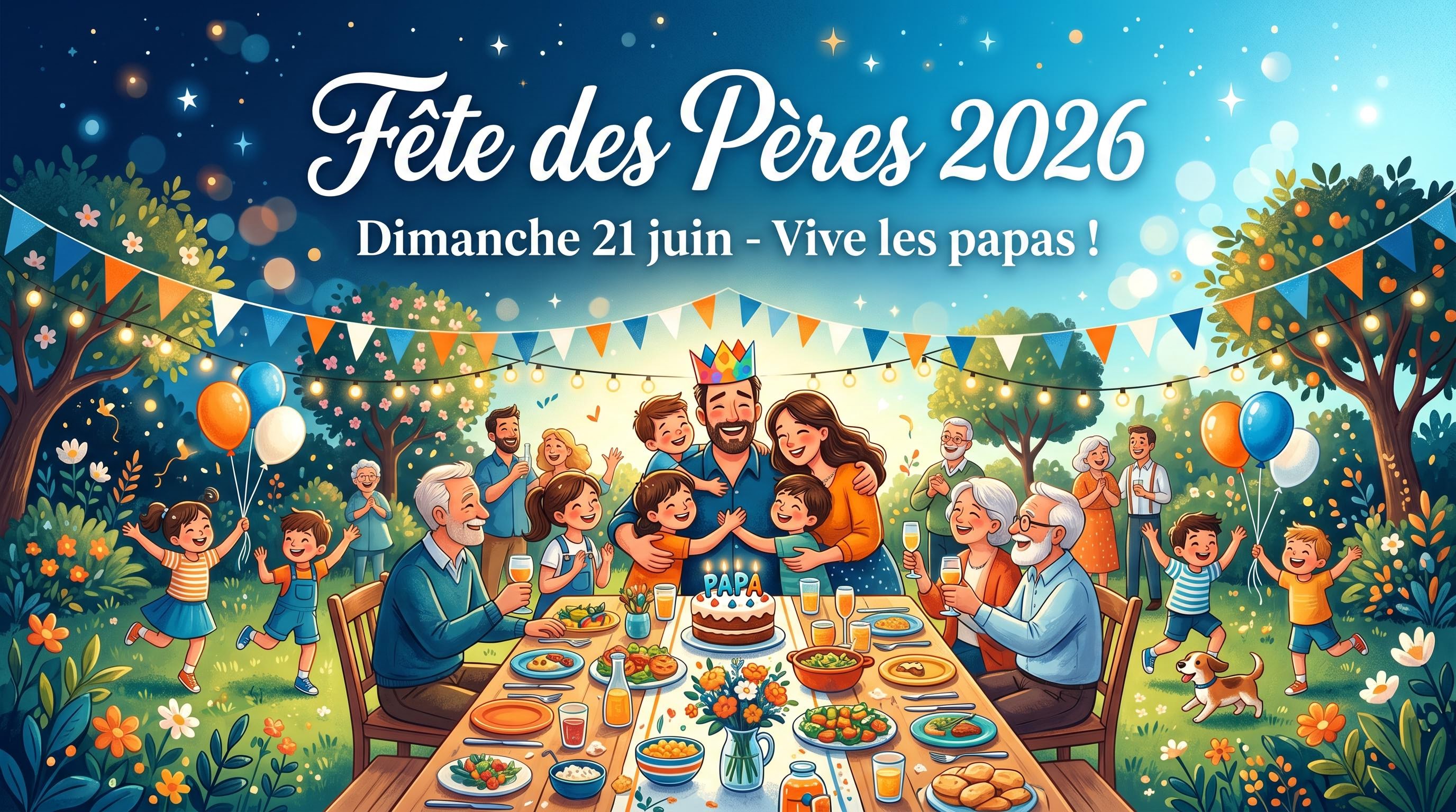 Bannière Facebook style illustration festive pour la fête des pères, générée par IA