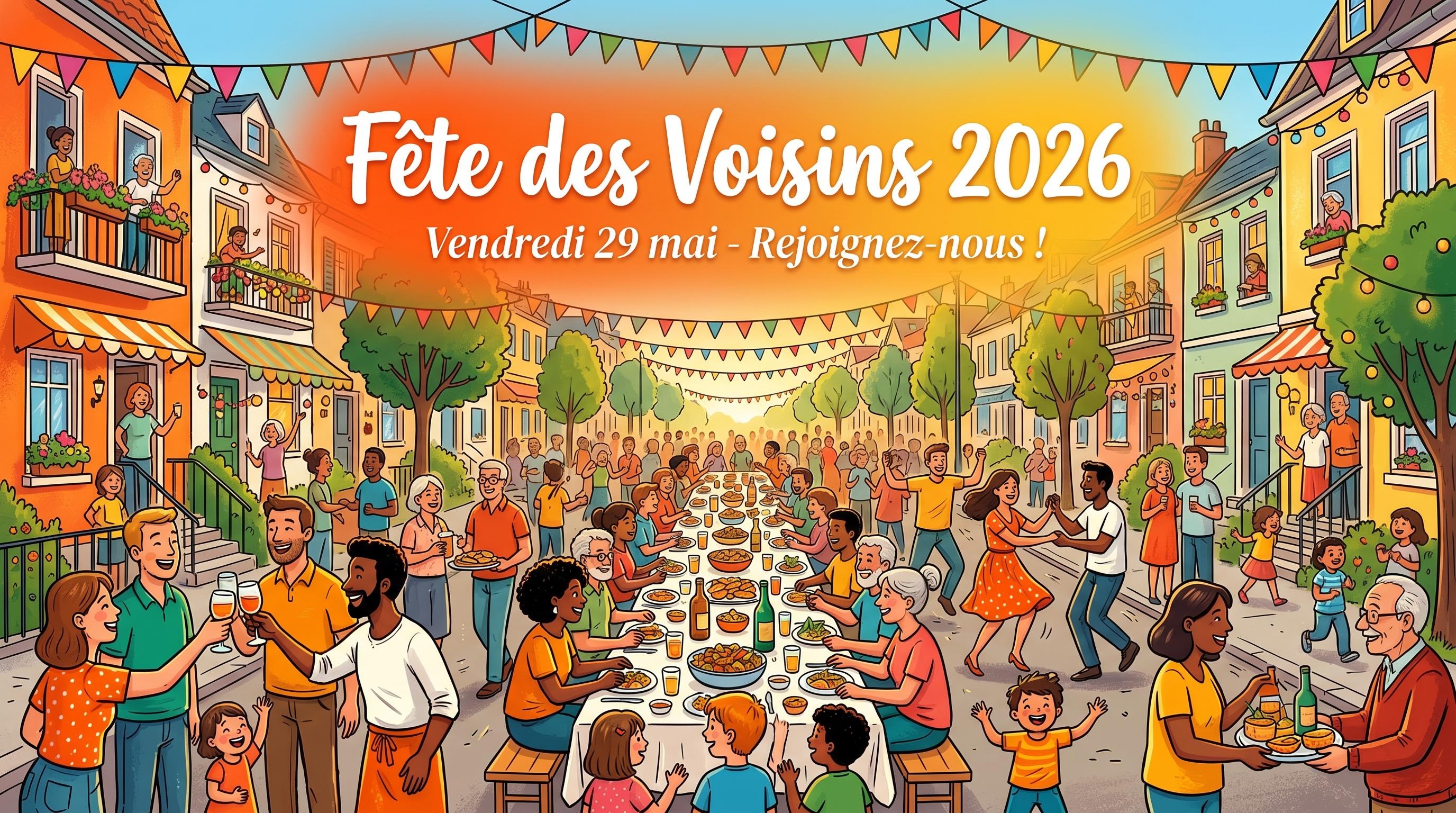 Bannière Facebook style illustration festive pour la fête des voisins, générée par IA