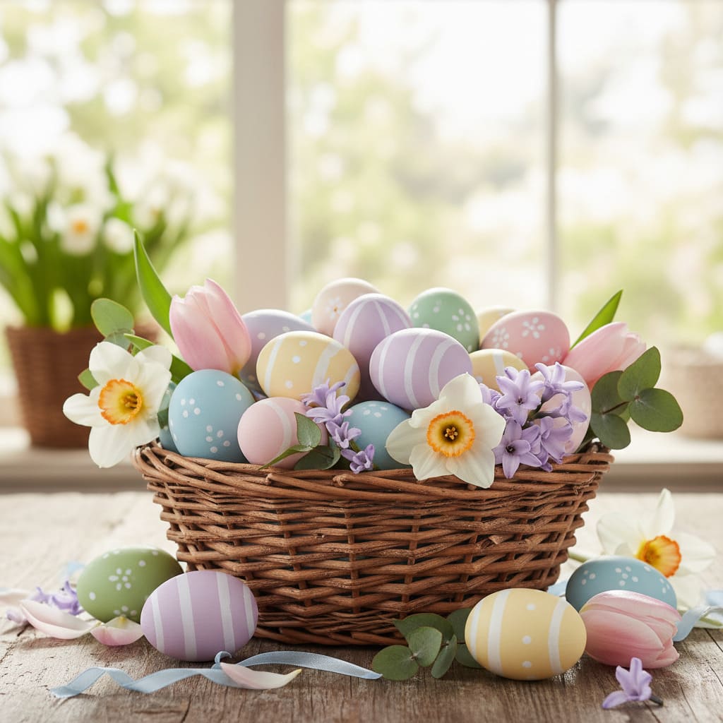 Panier d’œufs pastel de Pâques - image IA