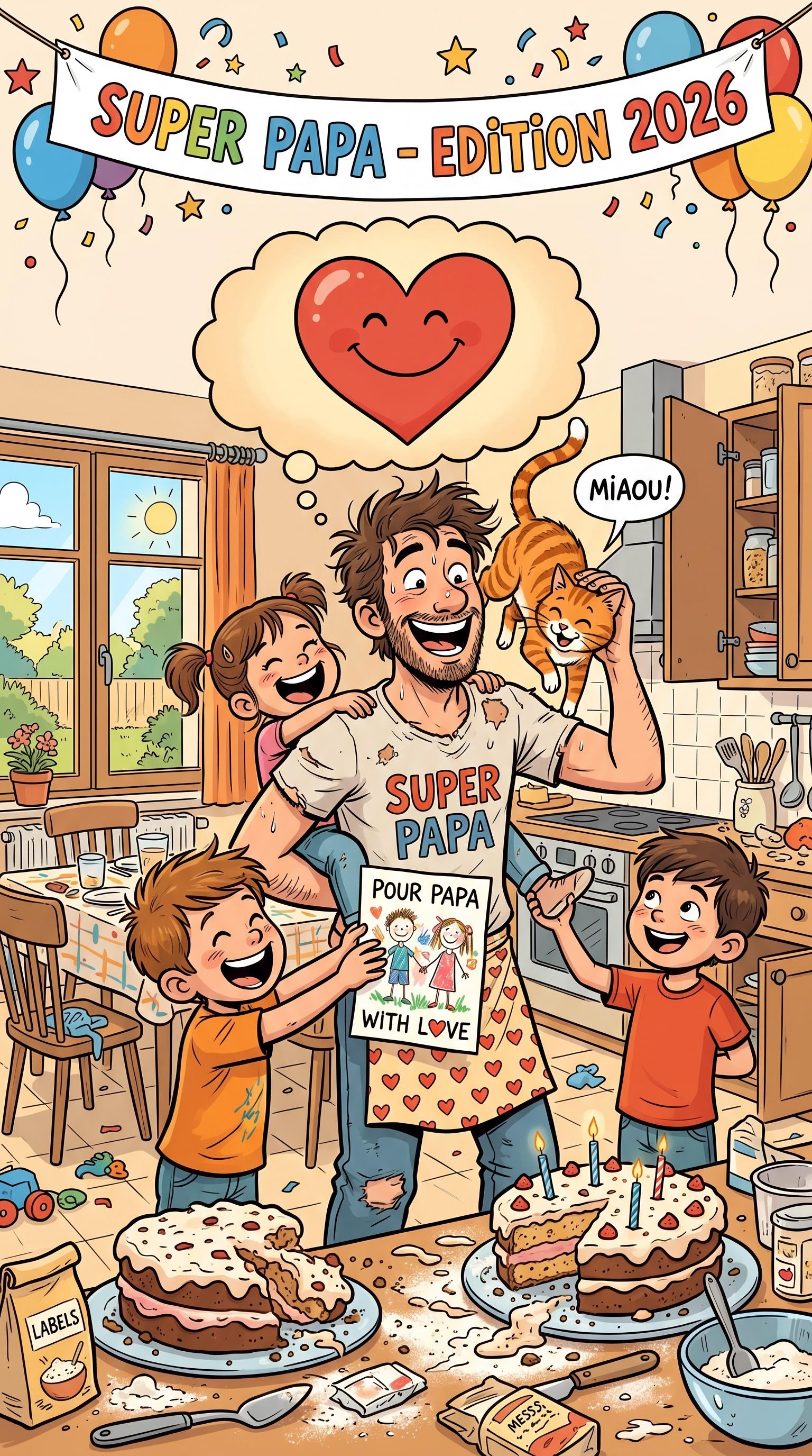 Illustration BD humoristique d'un papa face au chaos familial pour la fête des pères, générée par IA