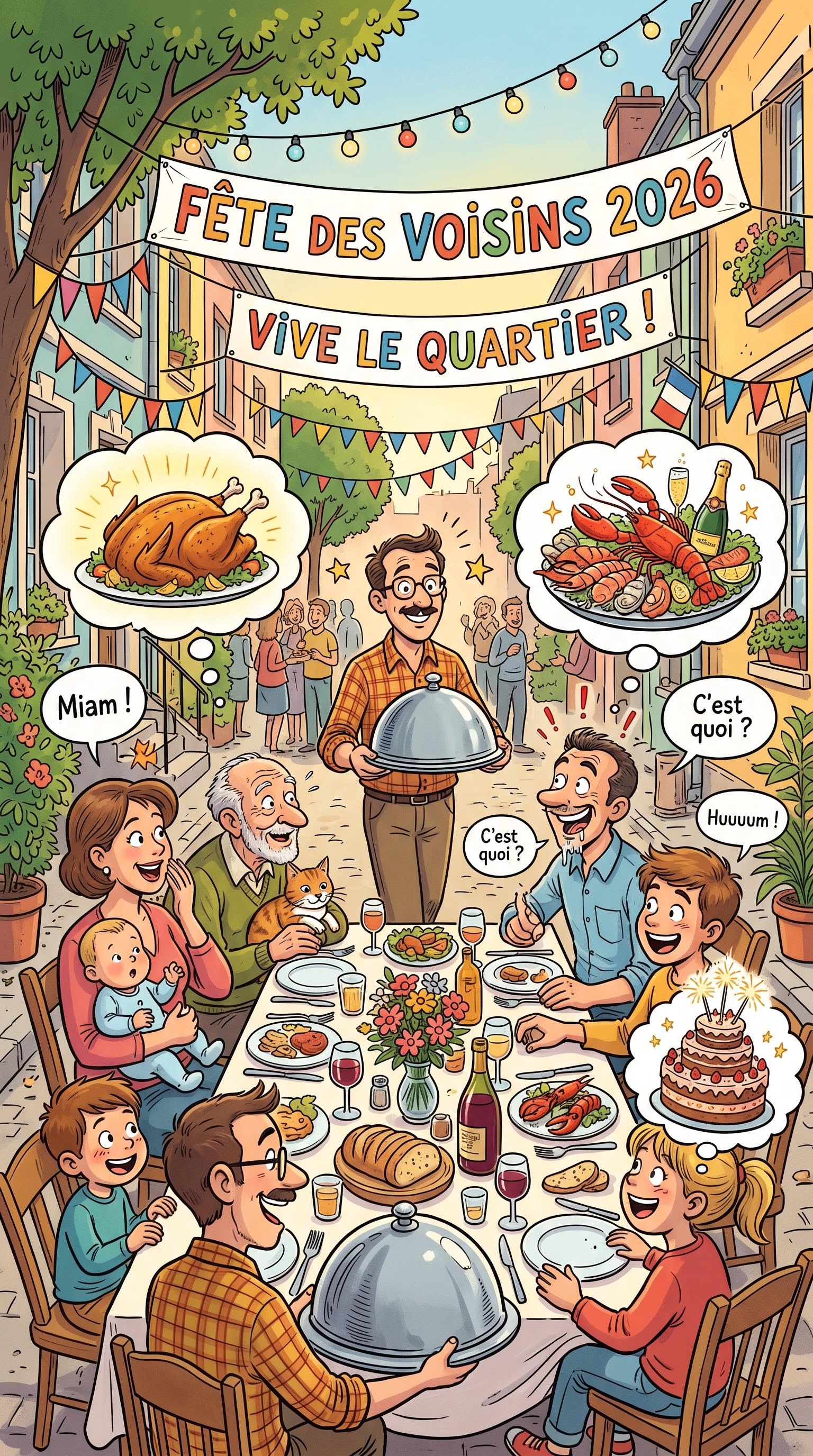 Illustration BD humoristique du voisin avec son plat mystère pour la fête des voisins, générée par IA