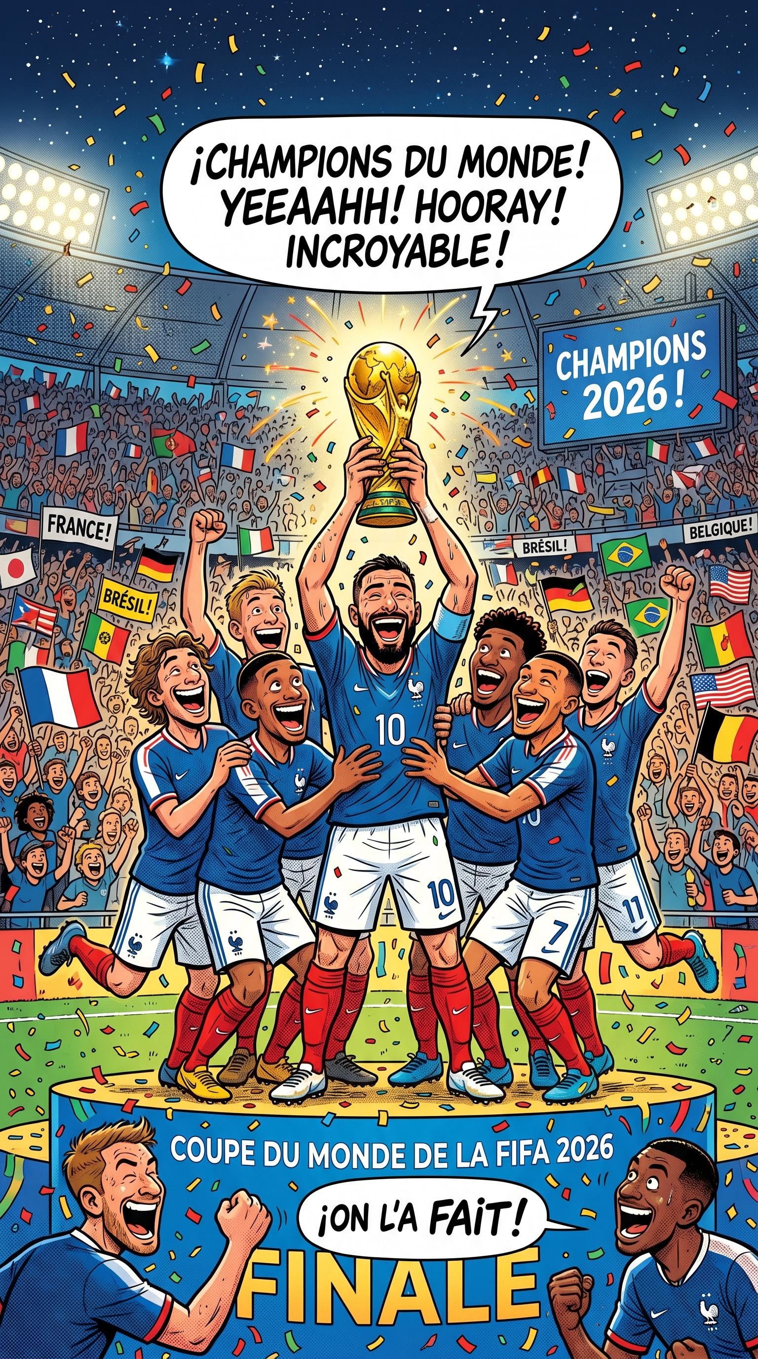 Illustration BD de la remise du trophée en finale de coupe du monde, générée par IA