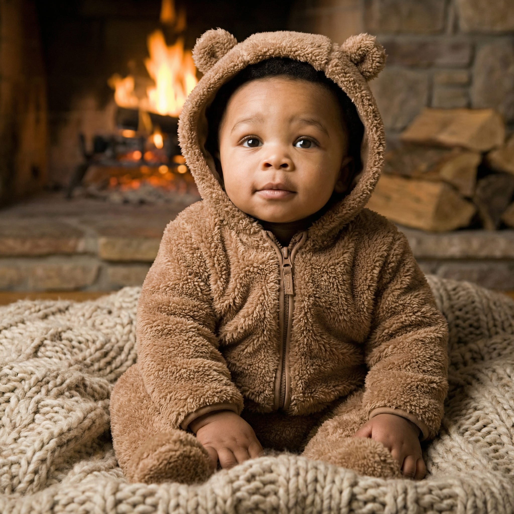 Baby in teddy bear onesie cozy winter vibe