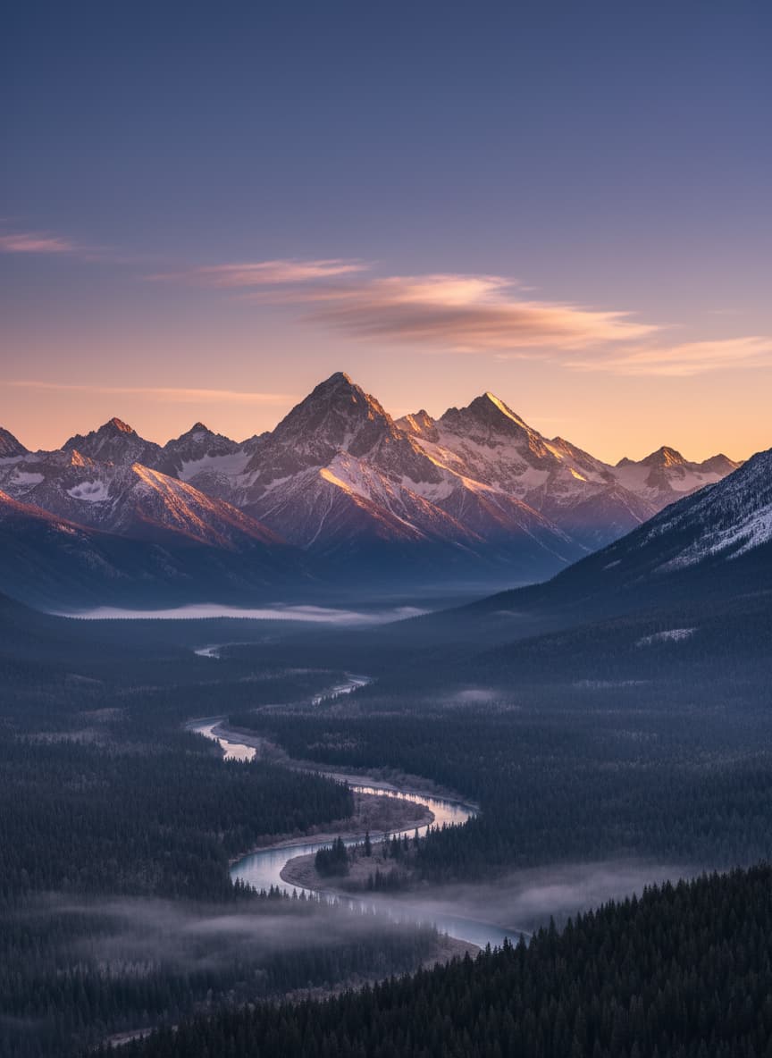 Berglandschaft im ersten Licht des Tages, klarer Himmel, der von tiefem Blau zu zartem Rosa übergeht.