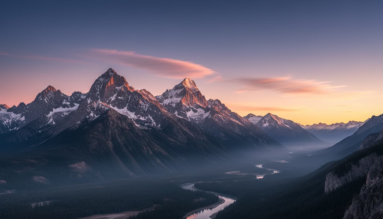 Berglandschaft im ersten Licht des Tages, klarer Himmel, der von tiefem Blau zu zartem Rosa übergeht.