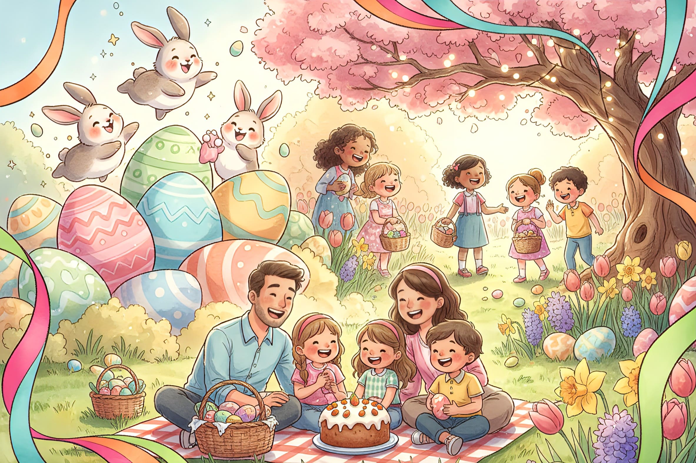ai easter images: family scene, pestal Easter egg, Easter bunny