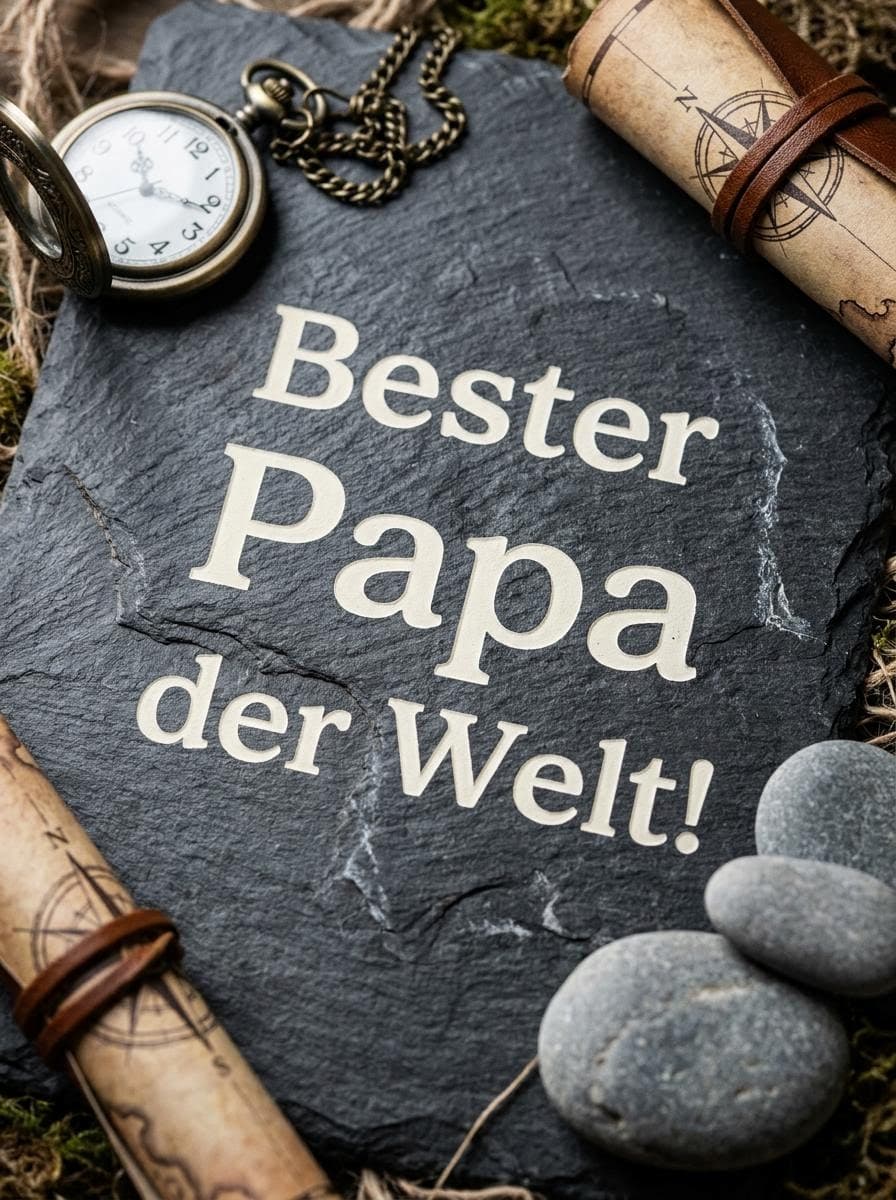 Vatertagsgruss auf einer dunklen Schieferplatte mit einer Taschenuhr, alten Landkarten und Steinen, zentriert mit dem Text Bester Papa der Welt in cremeweißer Schrift.