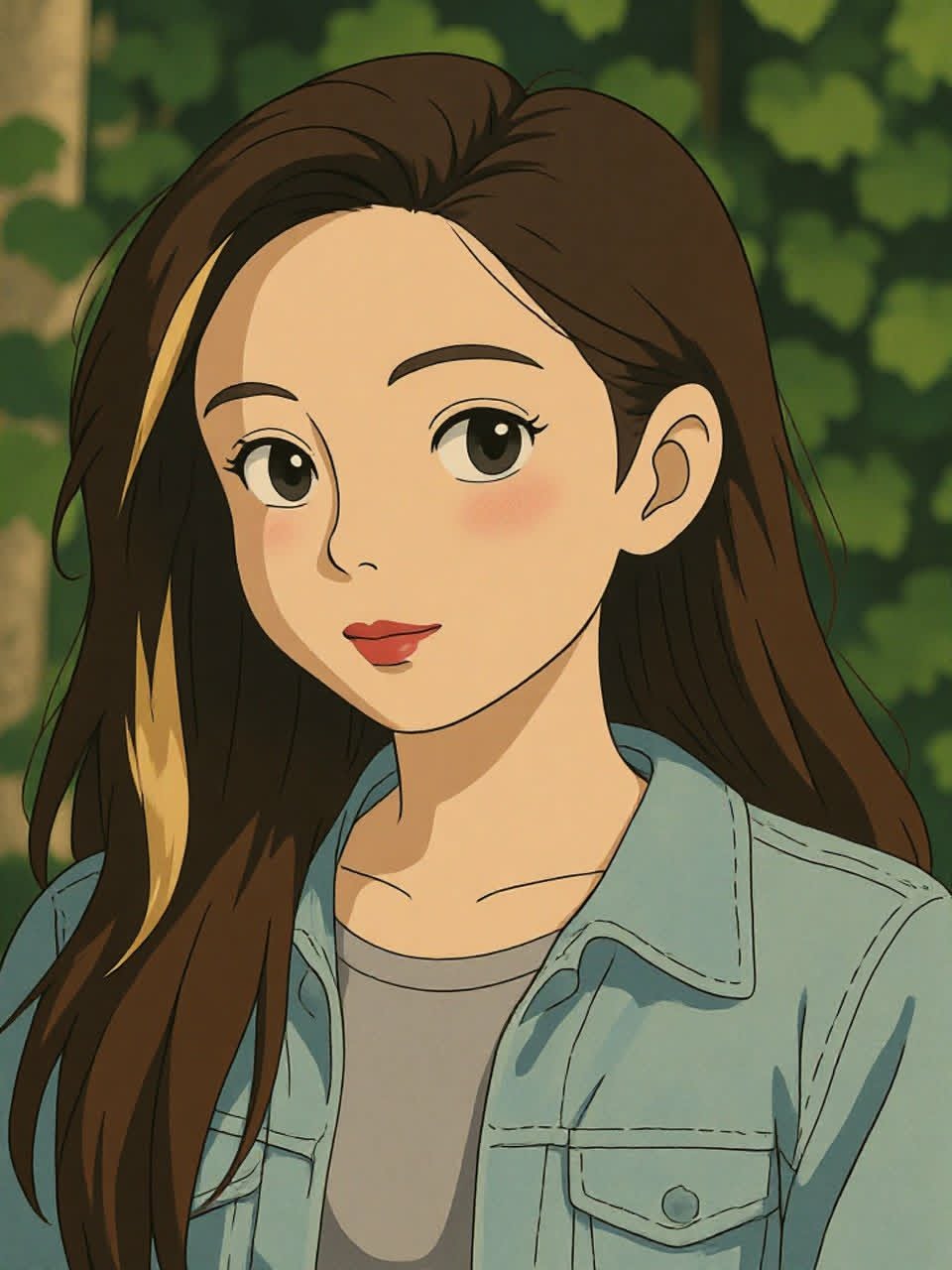 Porträt einer Frau im farbenfrohen Anime-Stil mit einer hellen Haarsträhne und grünem Blätterhintergrund, erstellt mit KI.